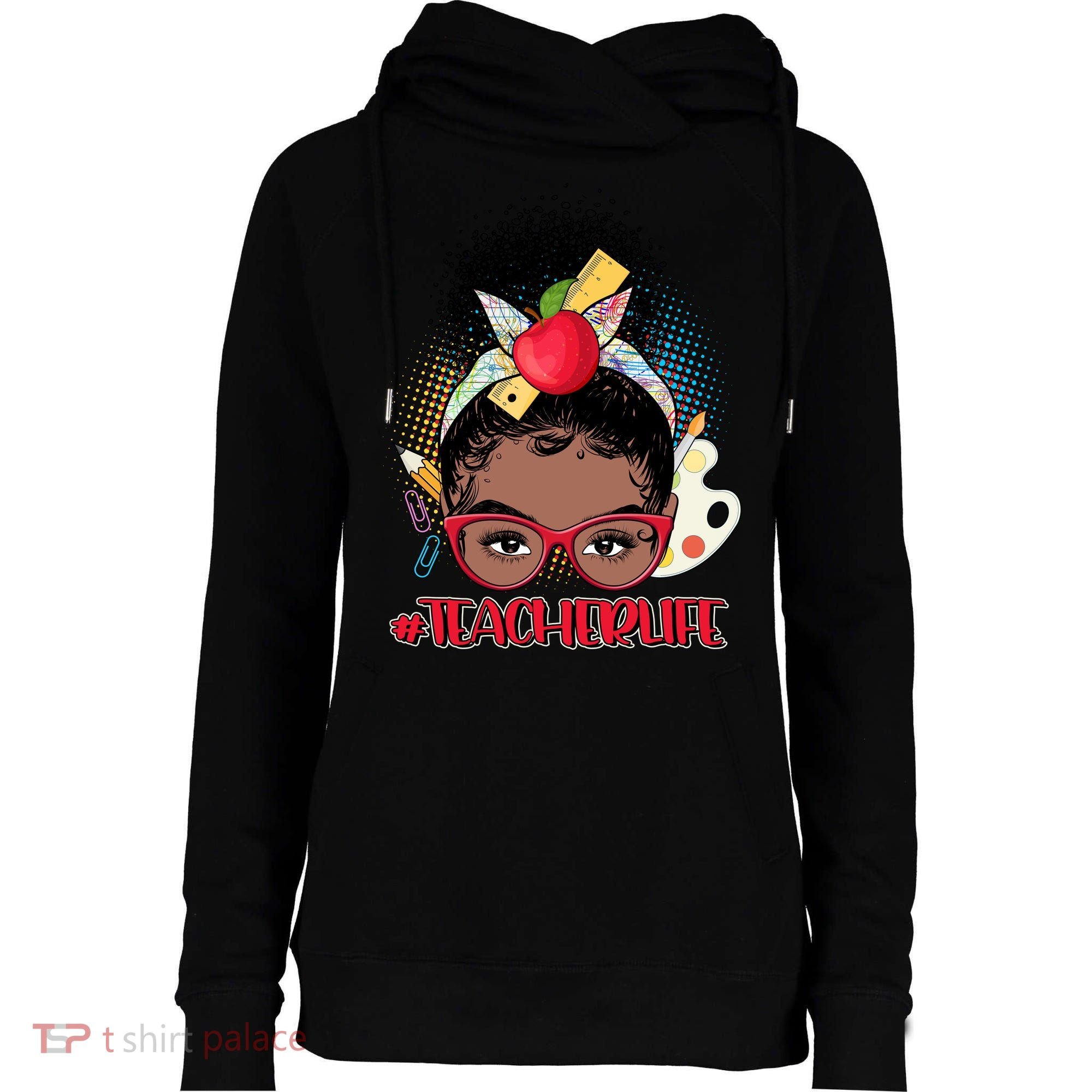 Cute #Teacher Life Afro Puff Bun Teacher Womens Funnel Neck Pullover Hood