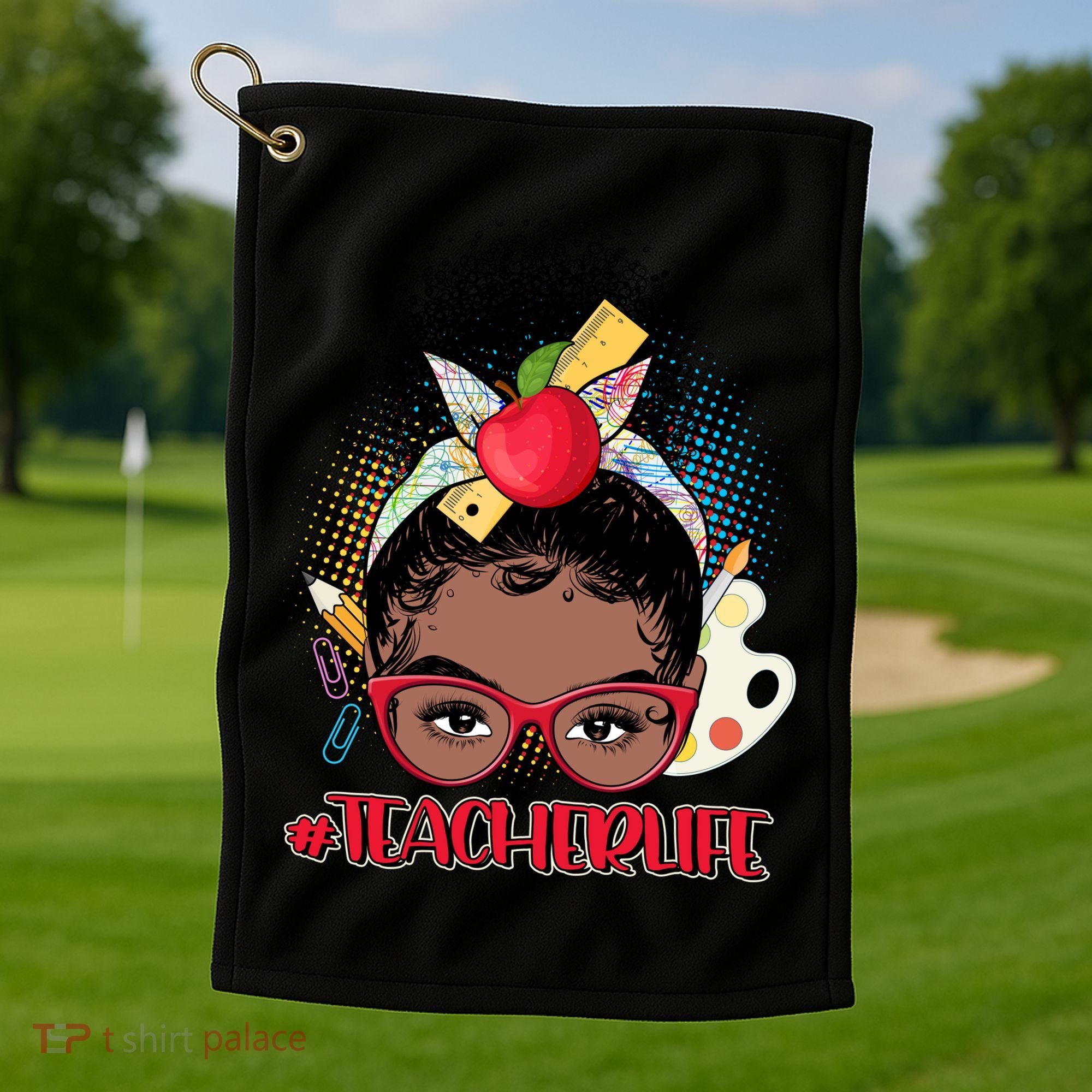 Cute #Teacher Life Afro Puff Bun Teacher Golf Towel