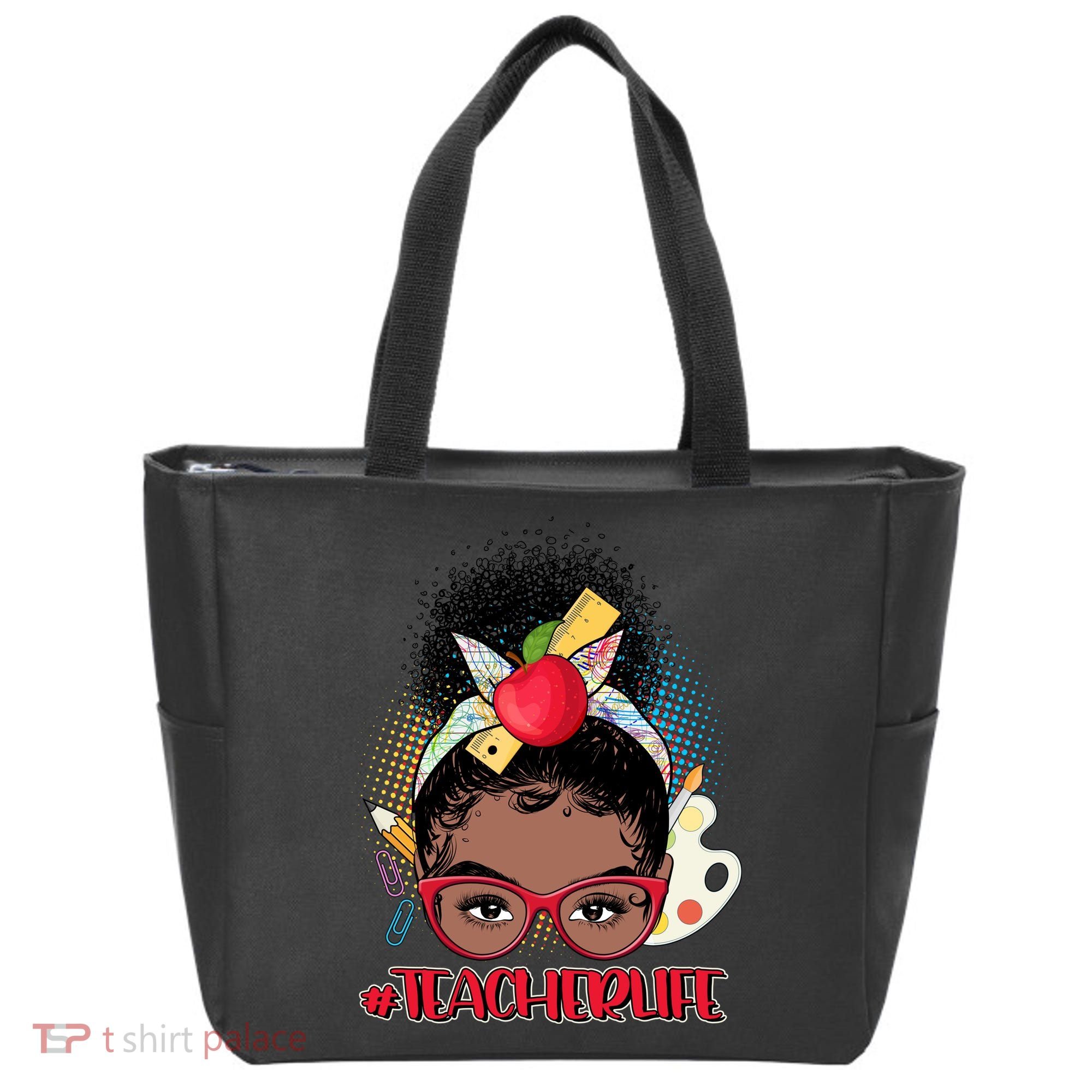 Cute #Teacher Life Afro Puff Bun Teacher Tote Bag