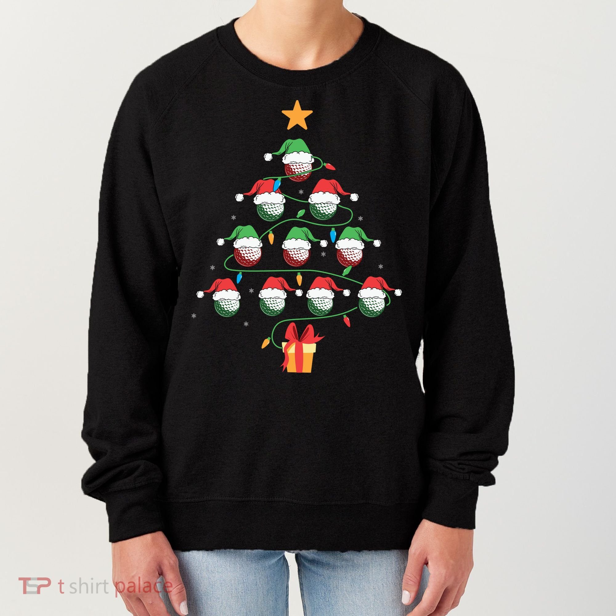 Christmas Golf Tree Light Santa Hat Funny Xmas Sport Holiday Women's Sweatshirt