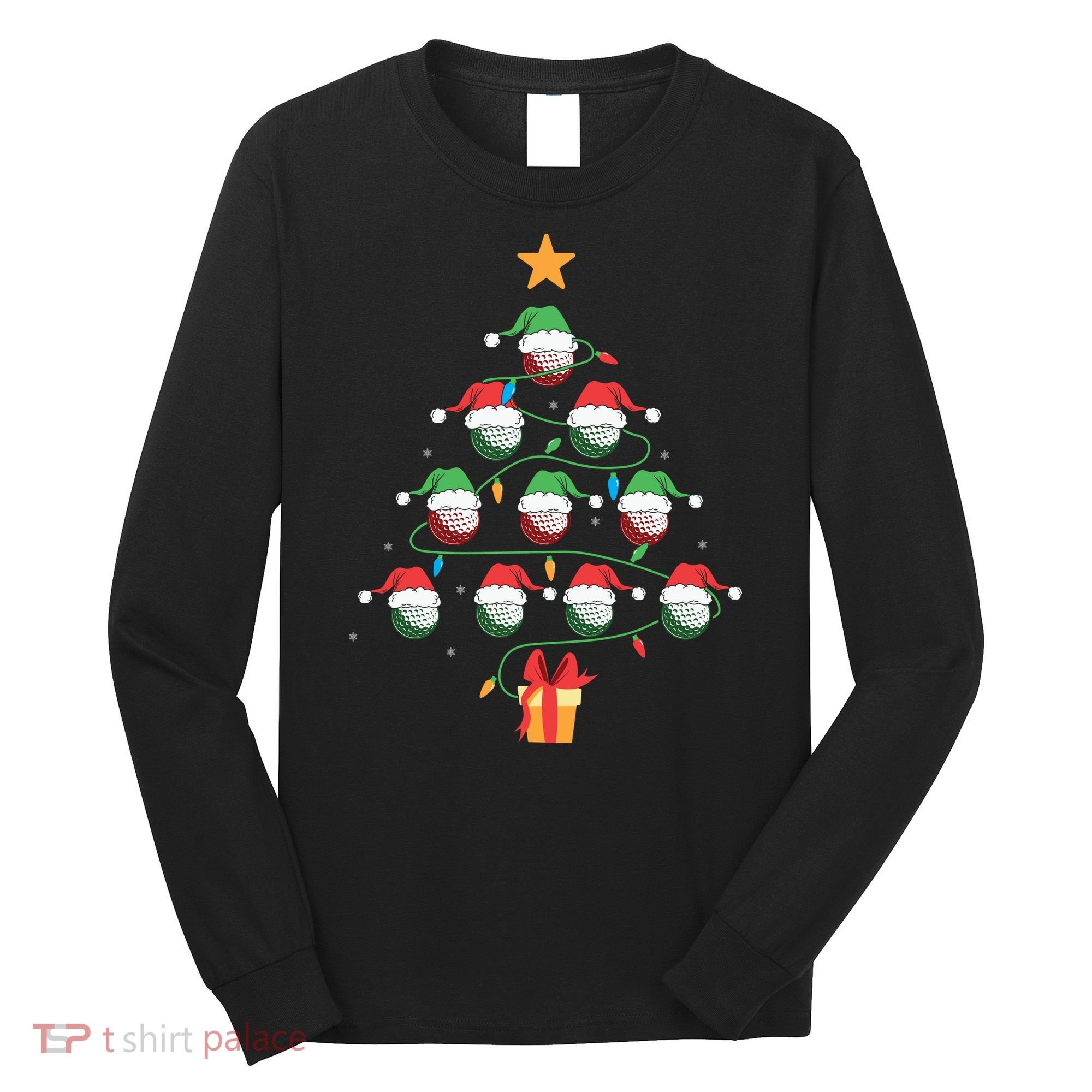 Christmas Golf Tree Light Santa Hat Funny Xmas Sport Holiday Long Sleeve Shirt