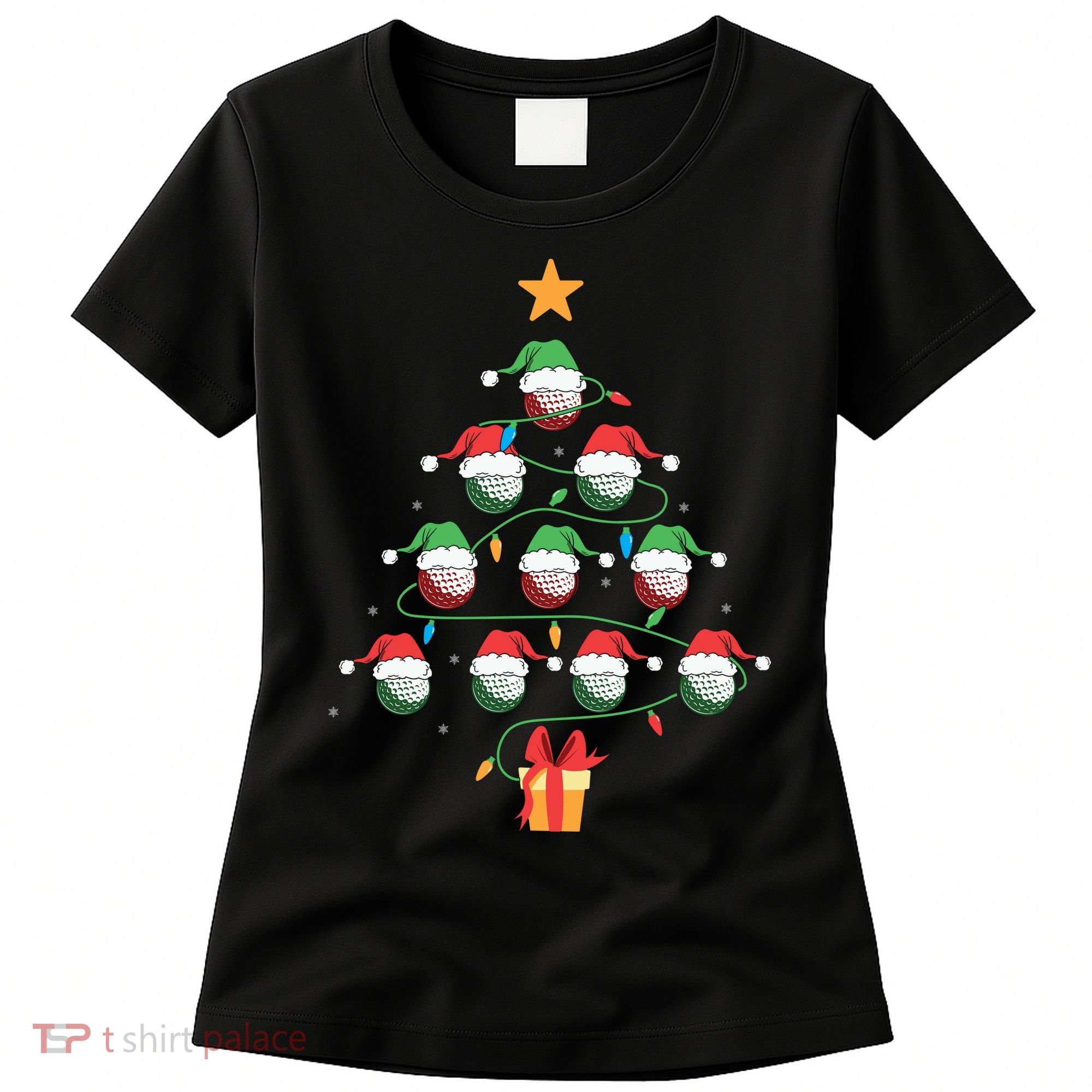 Christmas Golf Tree Light Santa Hat Funny Xmas Sport Holiday Women's T-Shirt