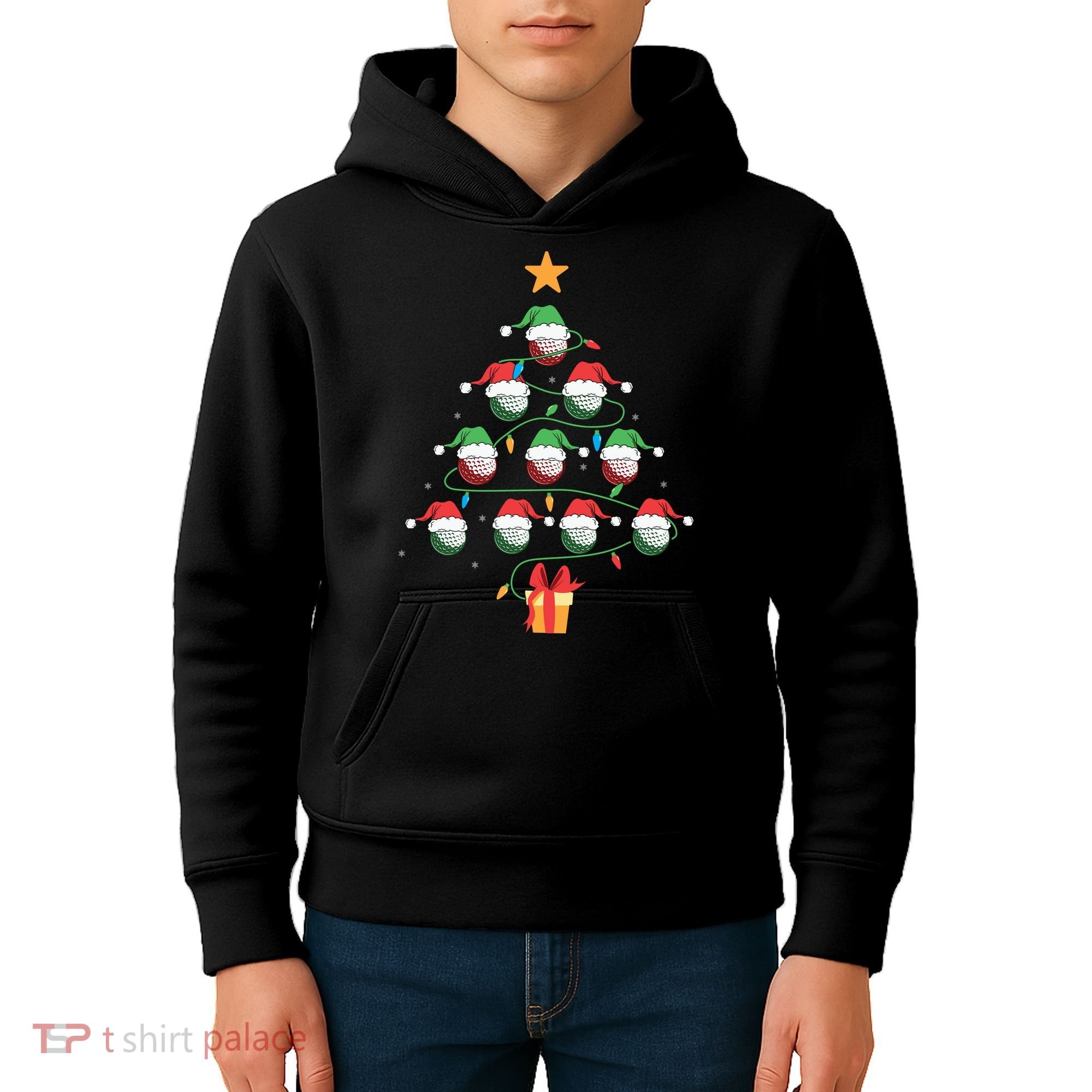 Christmas Golf Tree Light Santa Hat Funny Xmas Sport Holiday Kids Hoodie