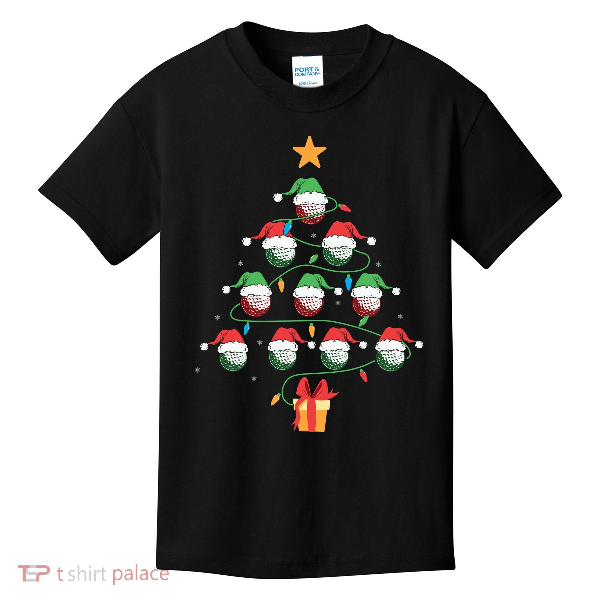 Christmas Golf Tree Light Santa Hat Funny Xmas Sport Holiday Kids T-Shirt