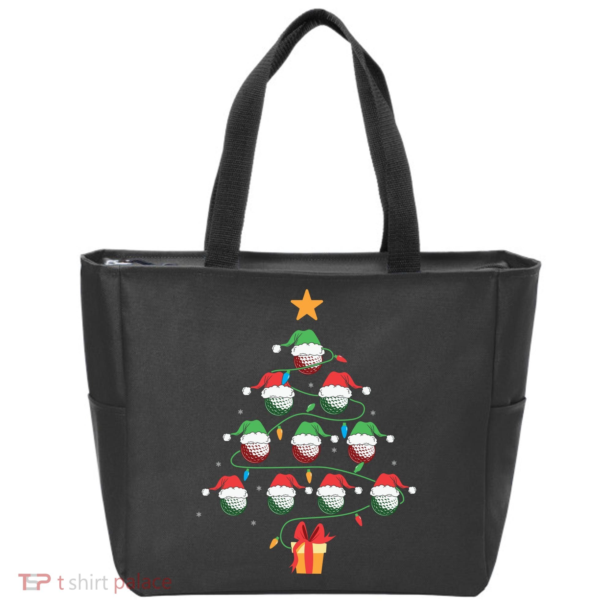 Christmas Golf Tree Light Santa Hat Funny Xmas Sport Holiday Tote Bag