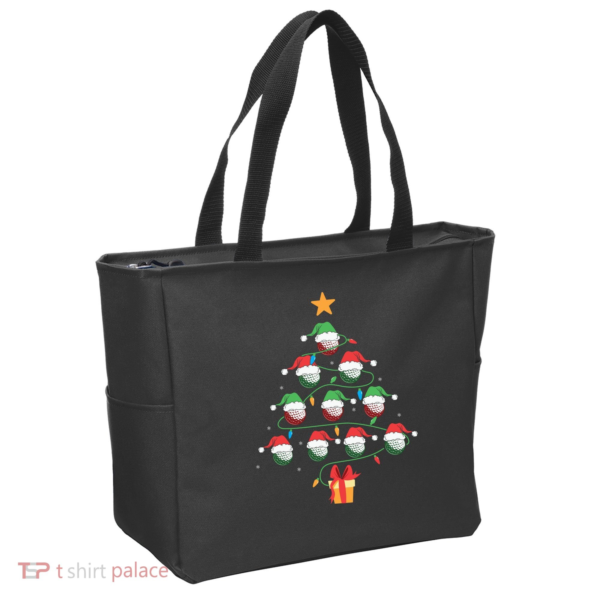 Christmas Golf Tree Light Santa Hat Funny Xmas Sport Holiday Tote Bag