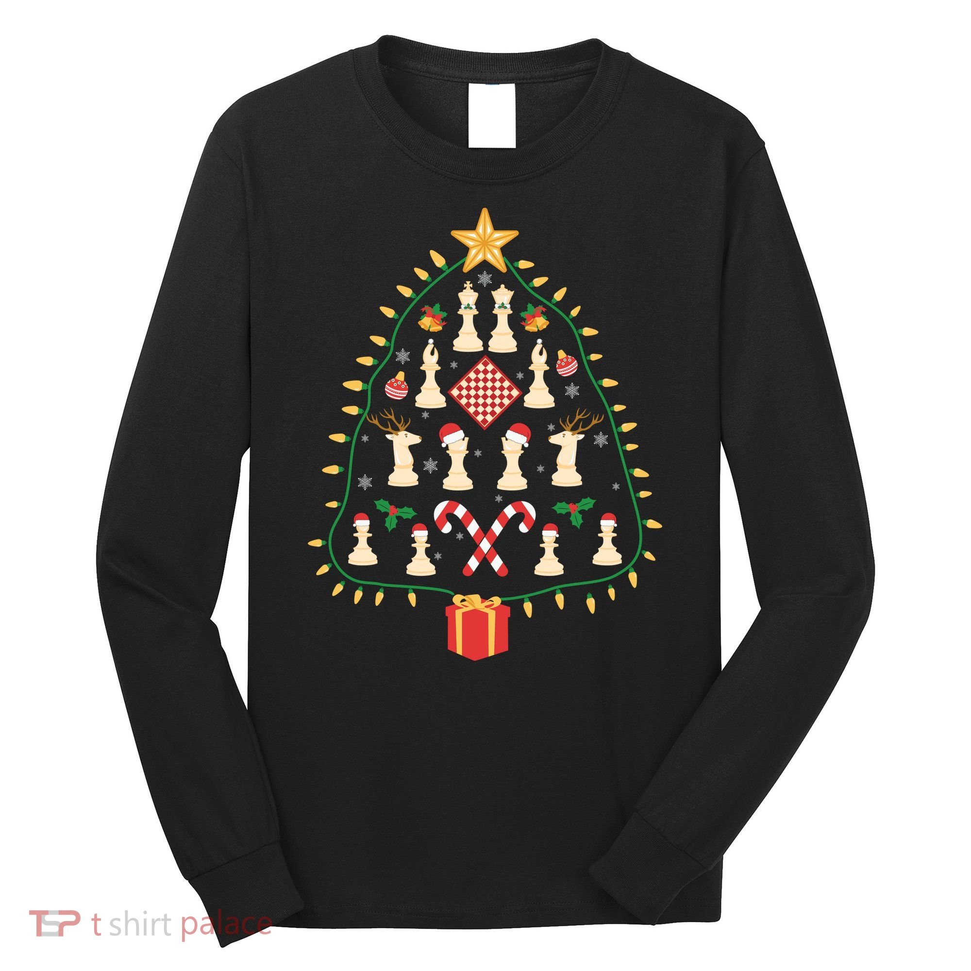 Christmas Chess Tree Light Santa Hat Funny Xmas Sport Holiday Long Sleeve Shirt