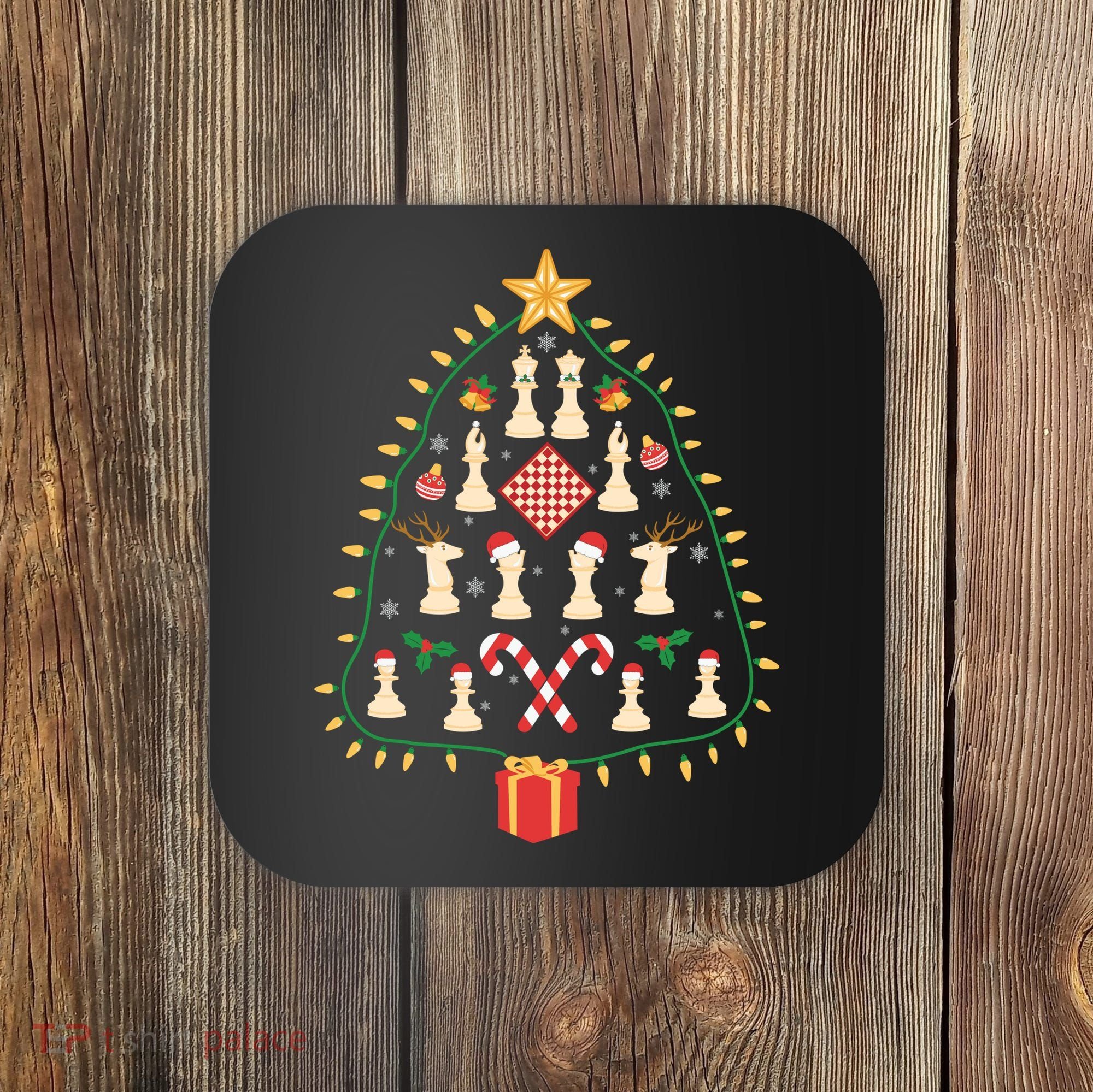 Christmas Chess Tree Light Santa Hat Funny Xmas Sport Holiday Coaster