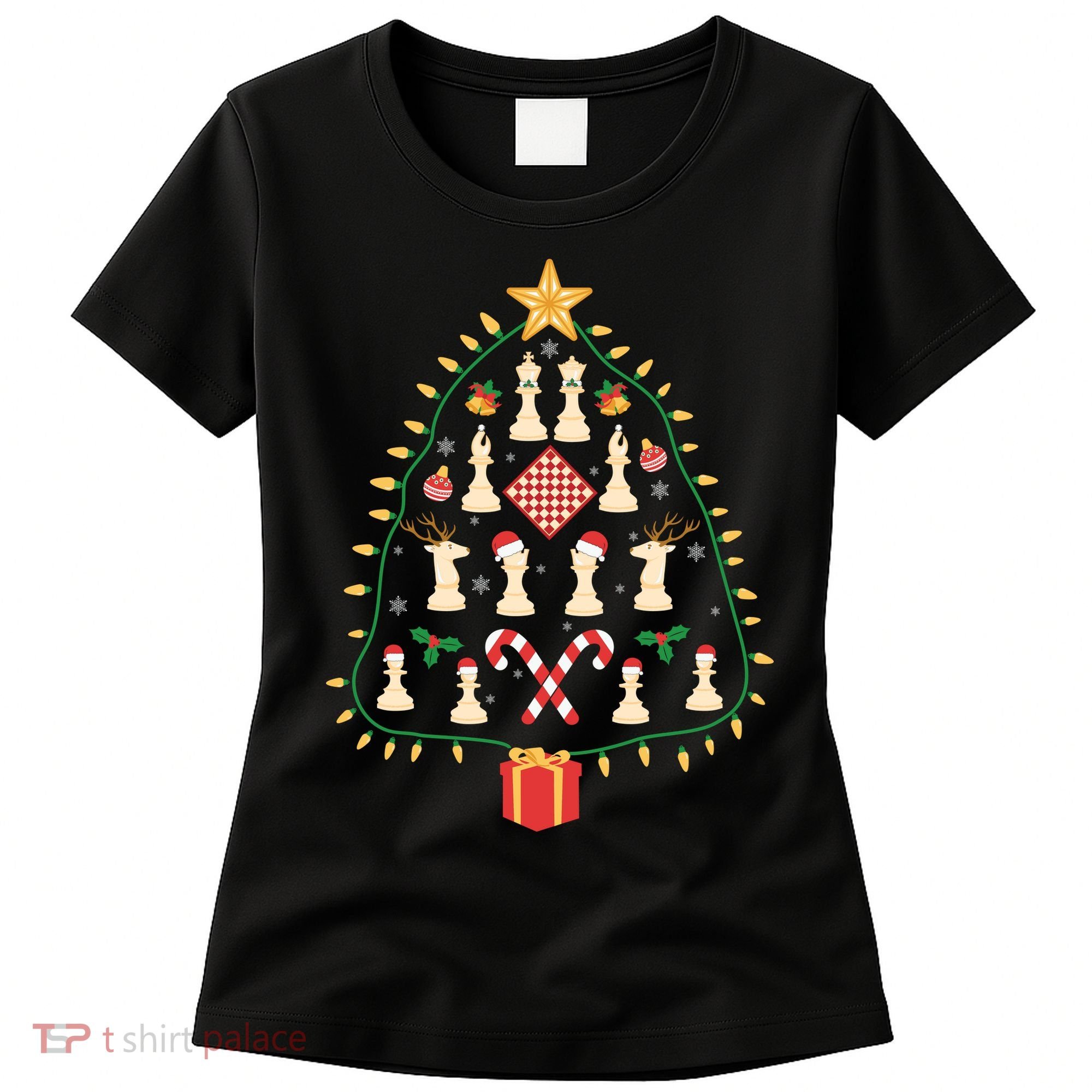 Christmas Chess Tree Light Santa Hat Funny Xmas Sport Holiday Women's T-Shirt