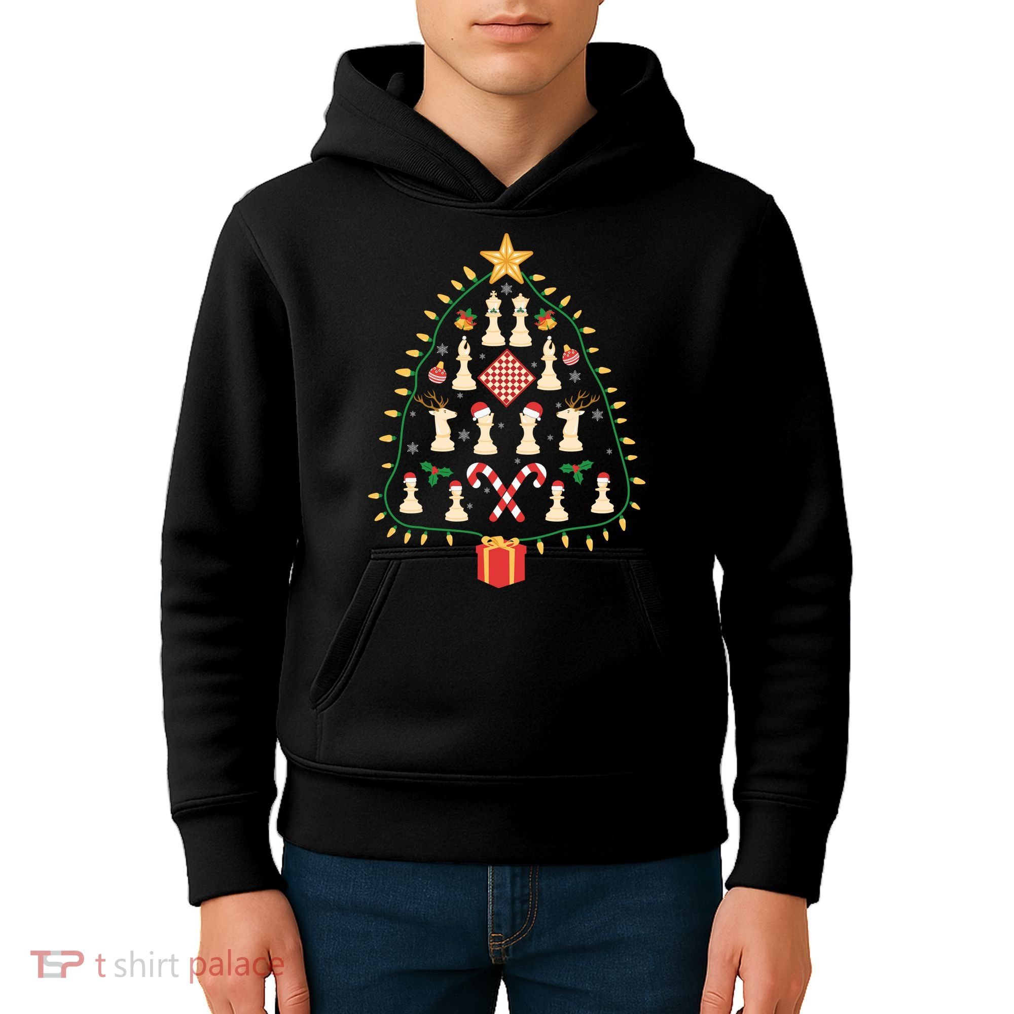 Christmas Chess Tree Light Santa Hat Funny Xmas Sport Holiday Kids Hoodie