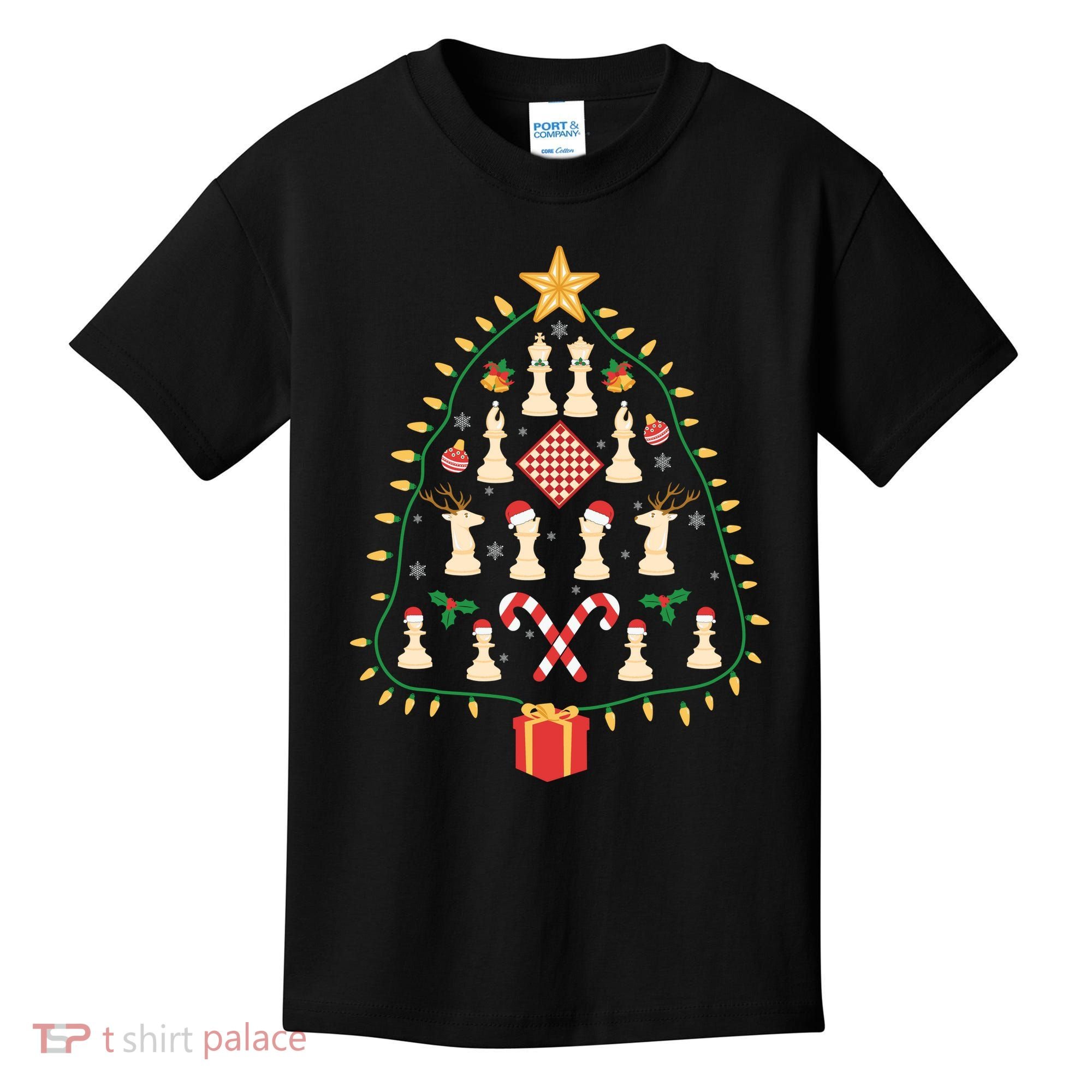 Christmas Chess Tree Light Santa Hat Funny Xmas Sport Holiday Kids T-Shirt