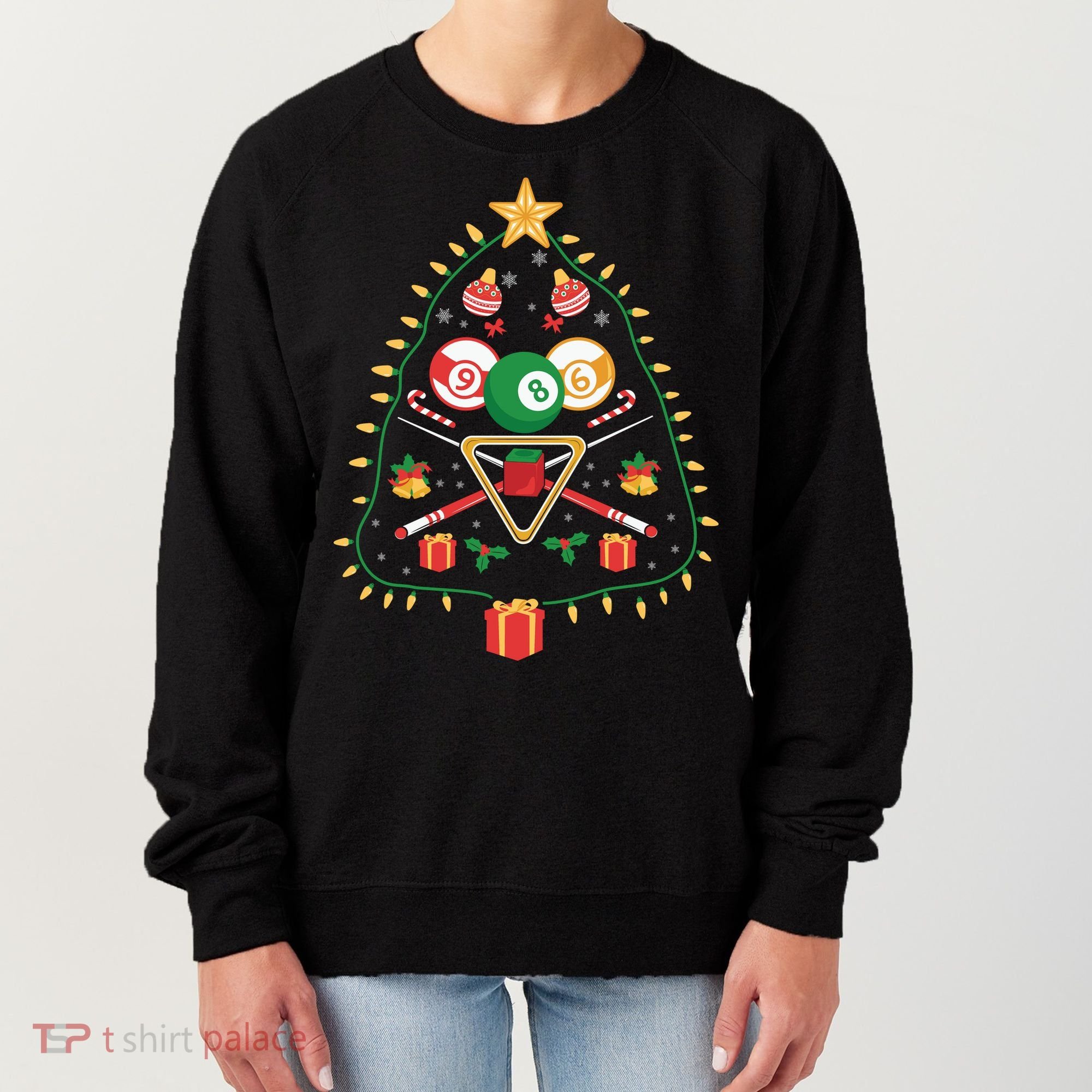 Christmas Billiard Tree Light Santa Hat Funny Xmas Sport Holiday Women's Sweatshirt