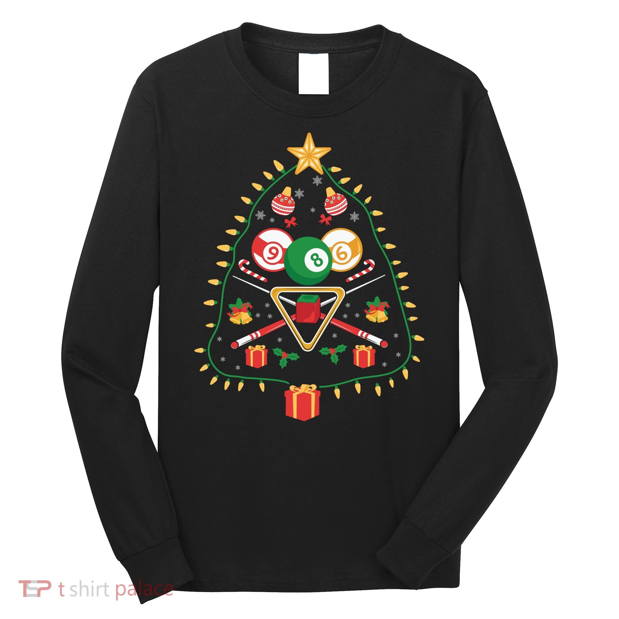 Christmas Billiard Tree Light Santa Hat Funny Xmas Sport Holiday Long Sleeve Shirt