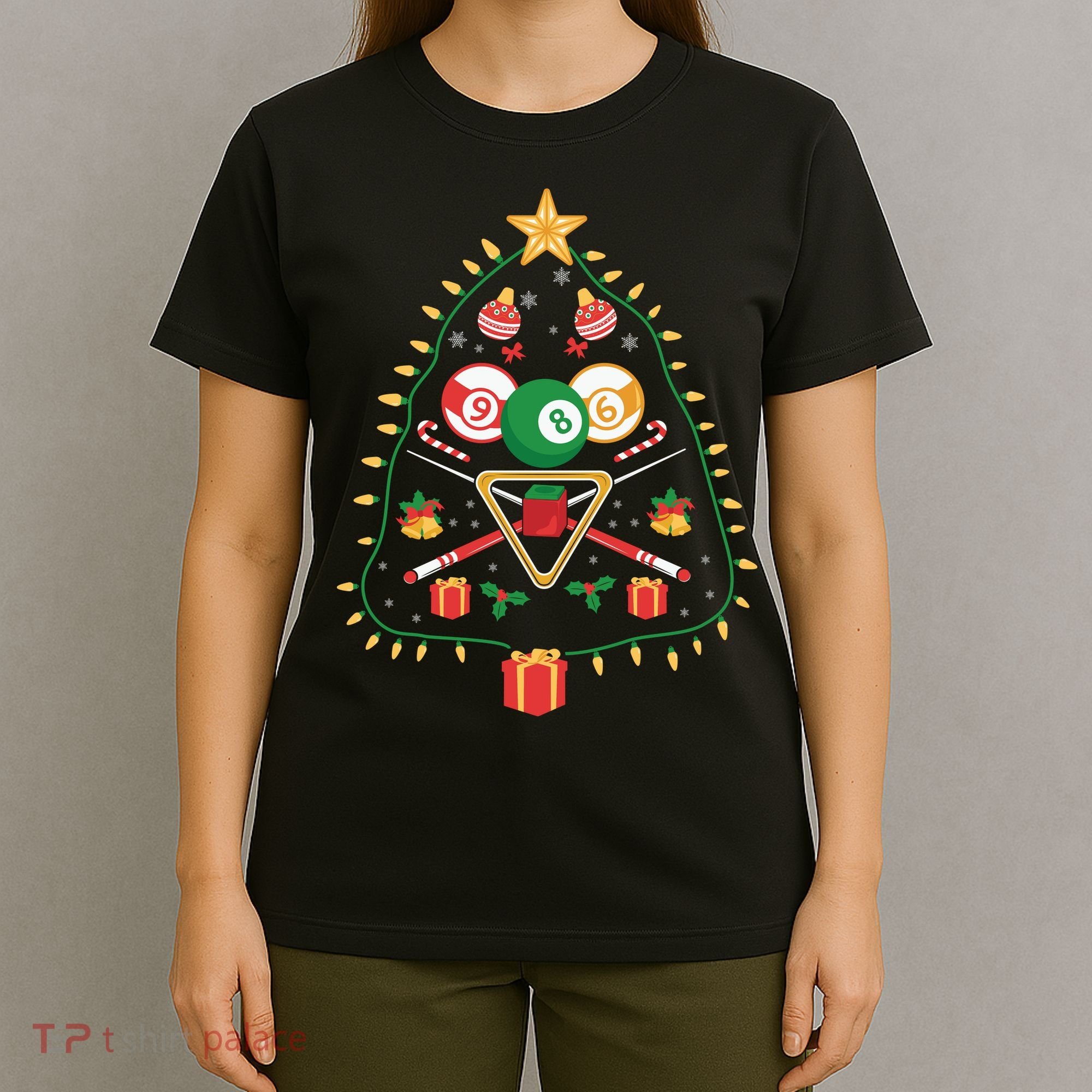 Christmas Billiard Tree Light Santa Hat Funny Xmas Sport Holiday T-Shirt