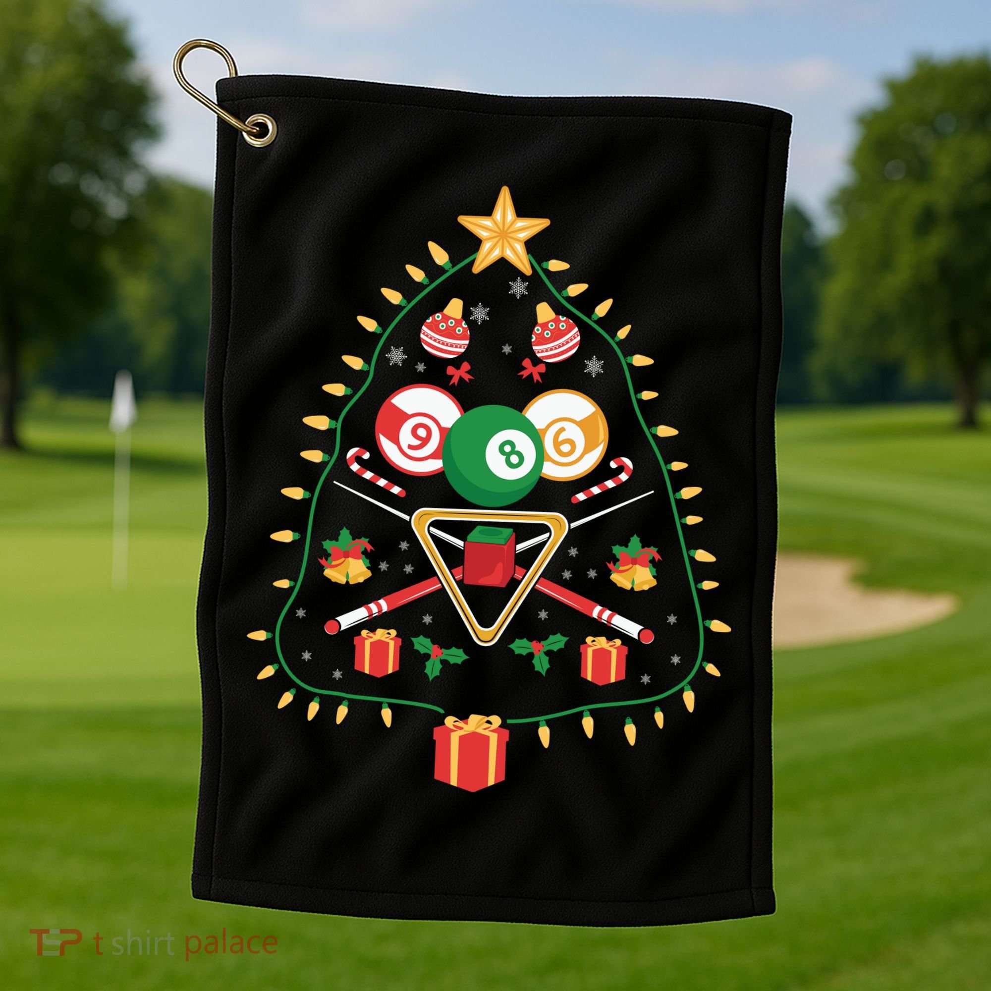 Christmas Billiard Tree Light Santa Hat Funny Xmas Sport Holiday Golf Towel