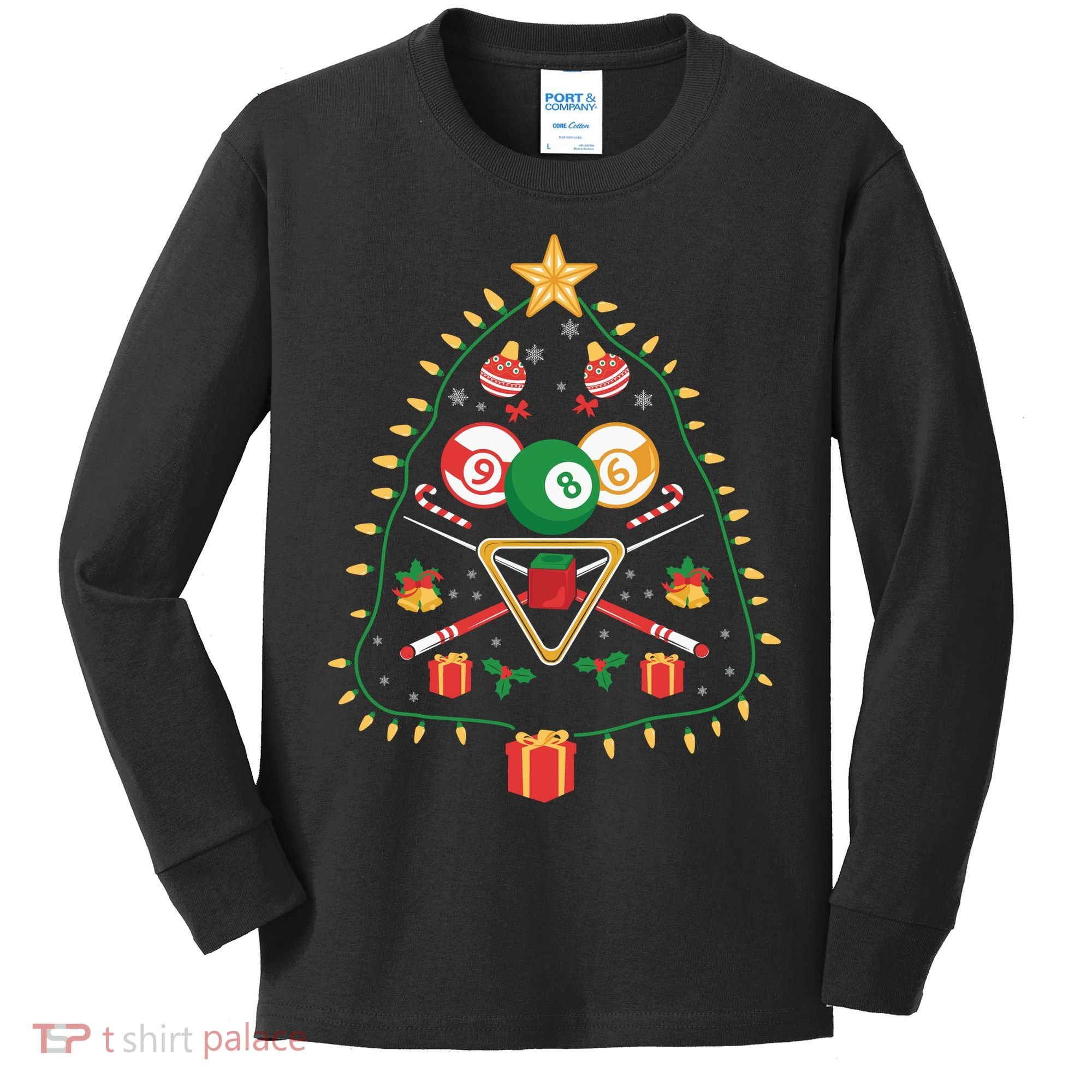 Christmas Billiard Tree Light Santa Hat Funny Xmas Sport Holiday Kids Long Sleeve Shirt