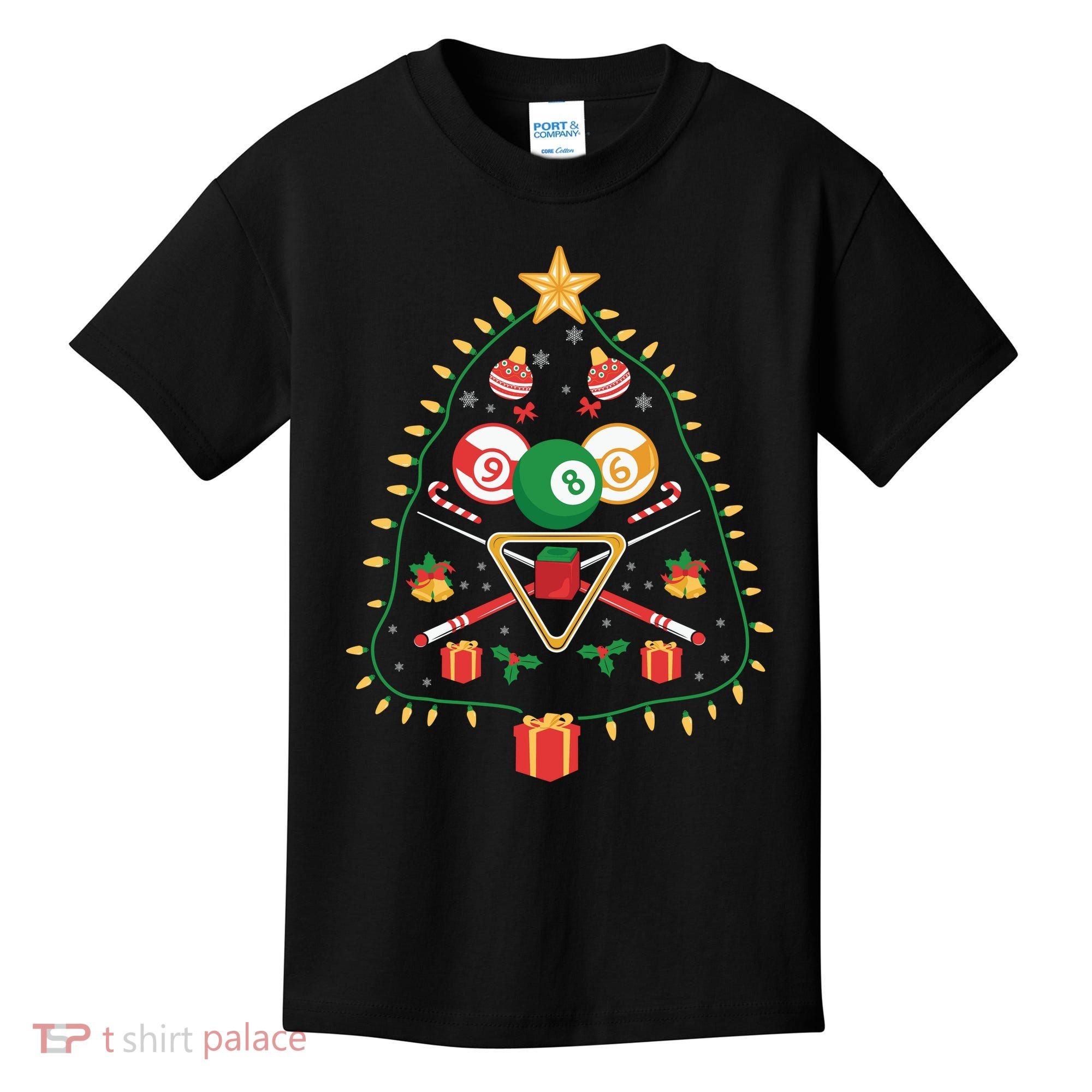 Christmas Billiard Tree Light Santa Hat Funny Xmas Sport Holiday Kids T-Shirt