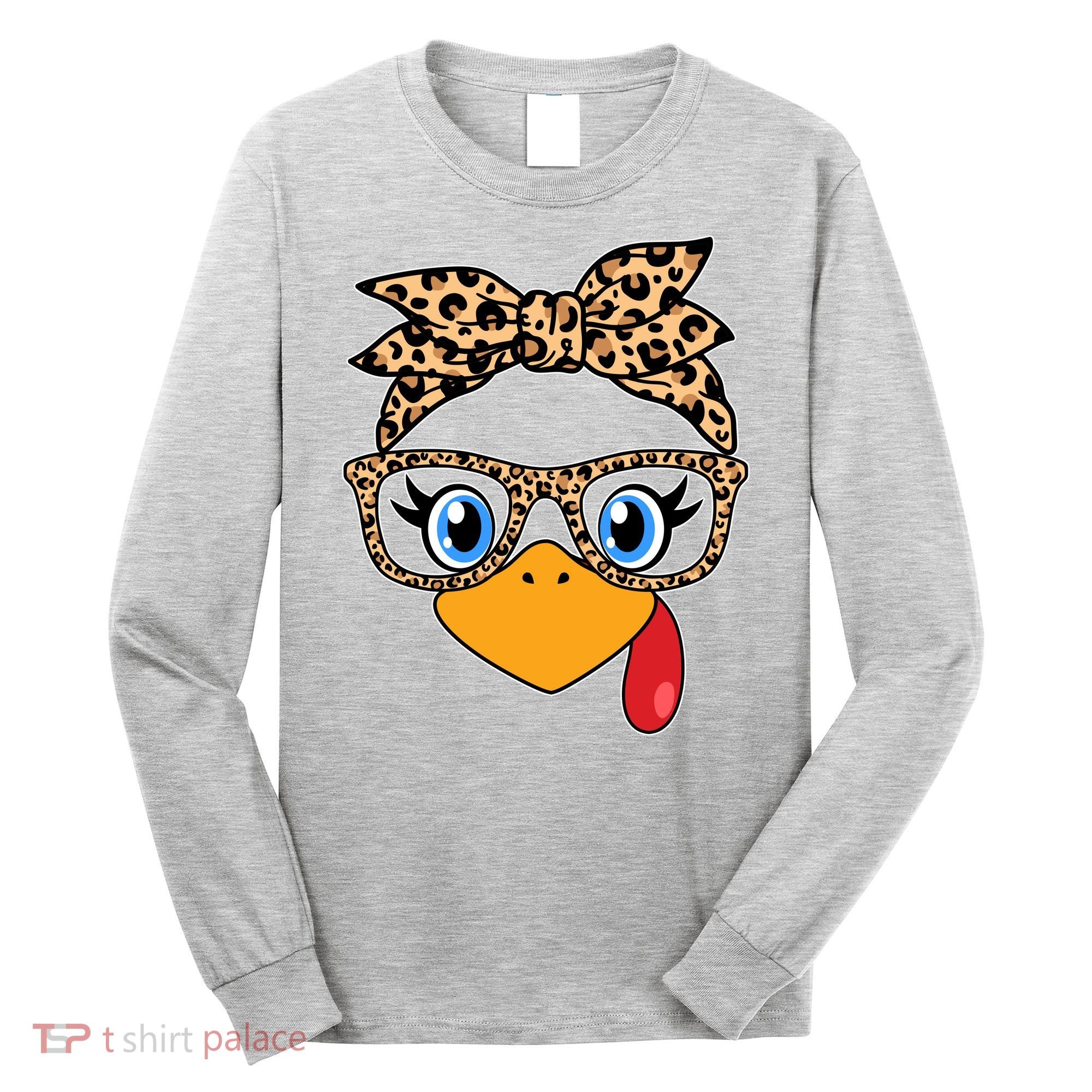 Cute Thanksgiving Leopard Print Bandana Glasses Turkey Girl Long Sleeve Shirt
