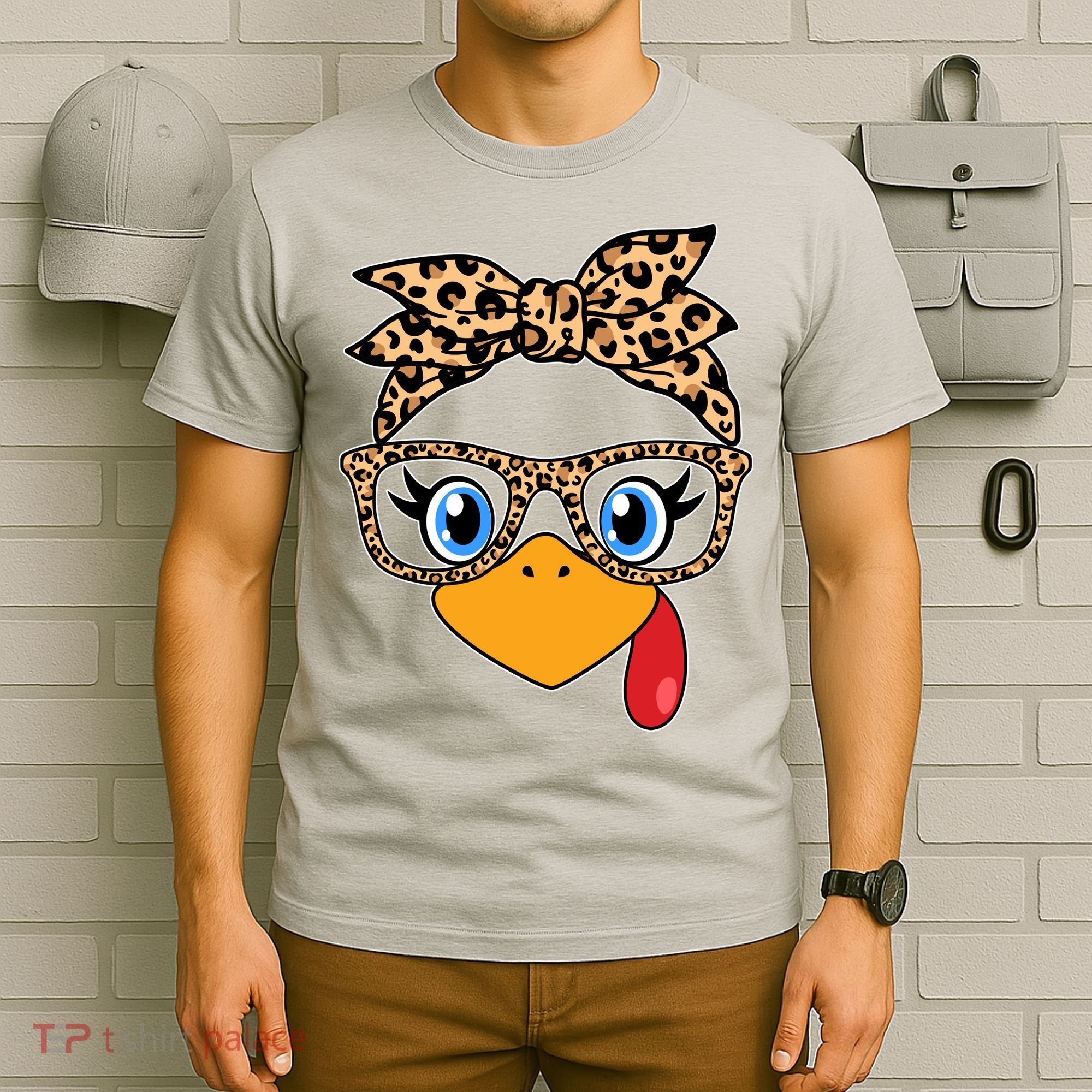 Cute Thanksgiving Leopard Print Bandana Glasses Turkey Girl T-Shirt