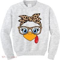 Cute Thanksgiving Leopard Print Bandana Glasses Turkey Girl Kids Sweatshirt thumb 0