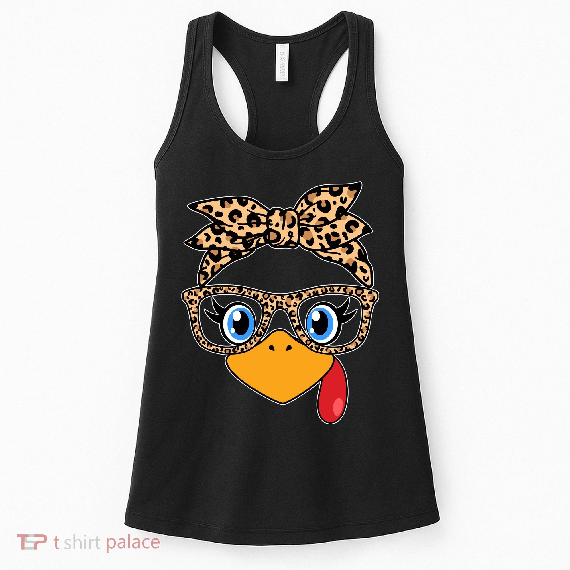Cute Thanksgiving Leopard Print Bandana Glasses Turkey Girl Women's Tank Top