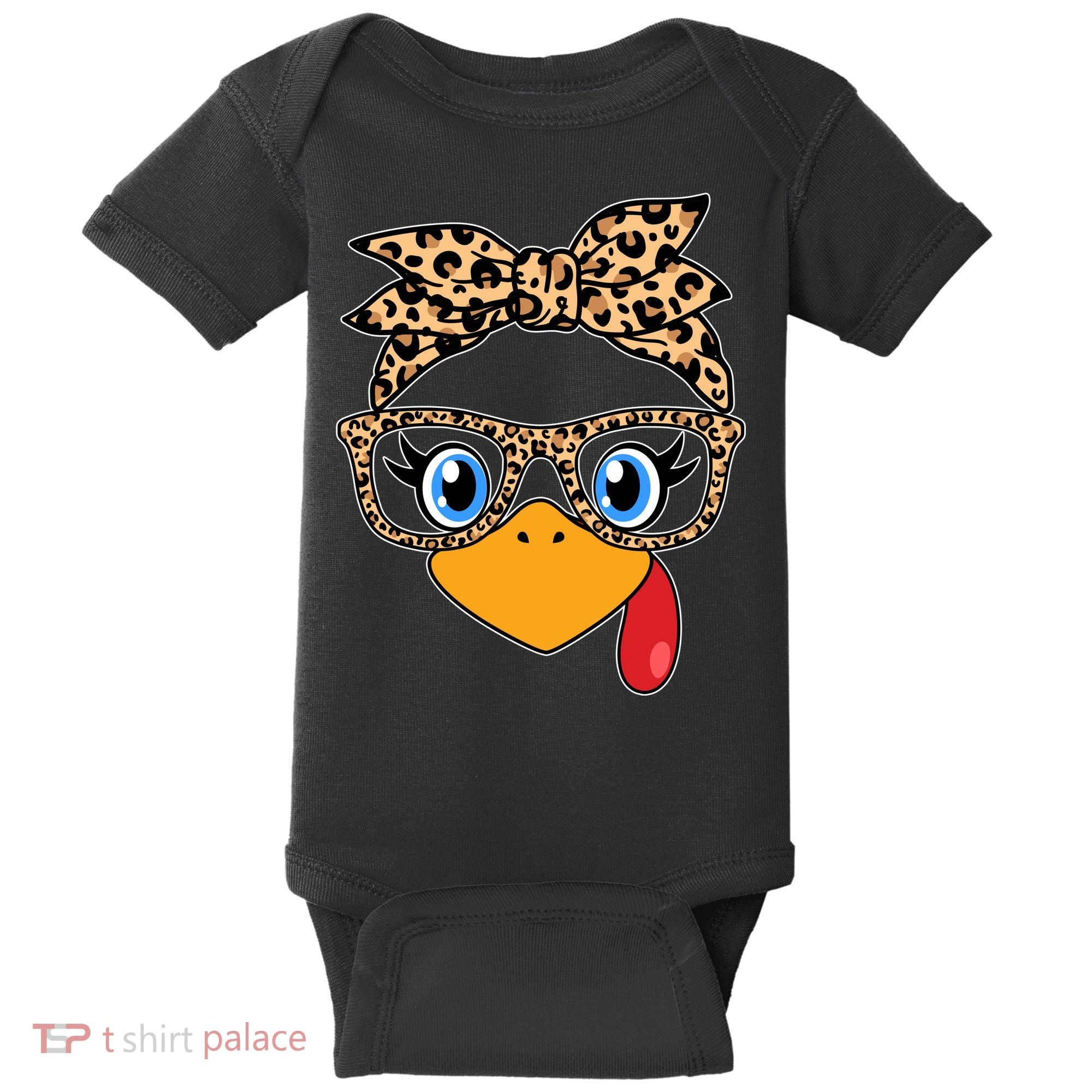 Cute Thanksgiving Leopard Print Bandana Glasses Turkey Girl Baby Bodysuit