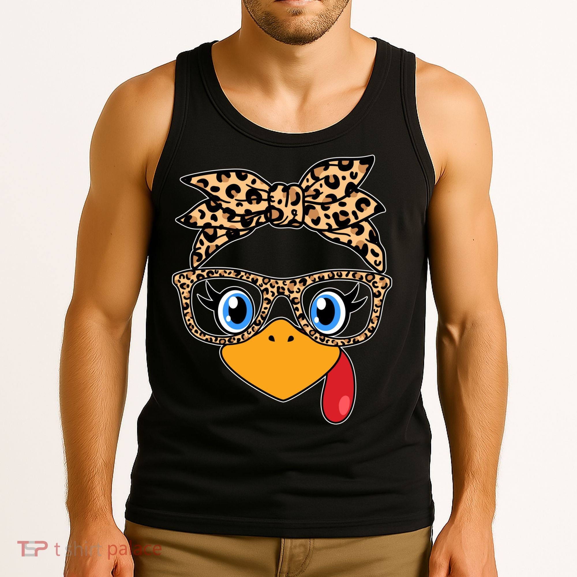 Cute Thanksgiving Leopard Print Bandana Glasses Turkey Girl Tank Top