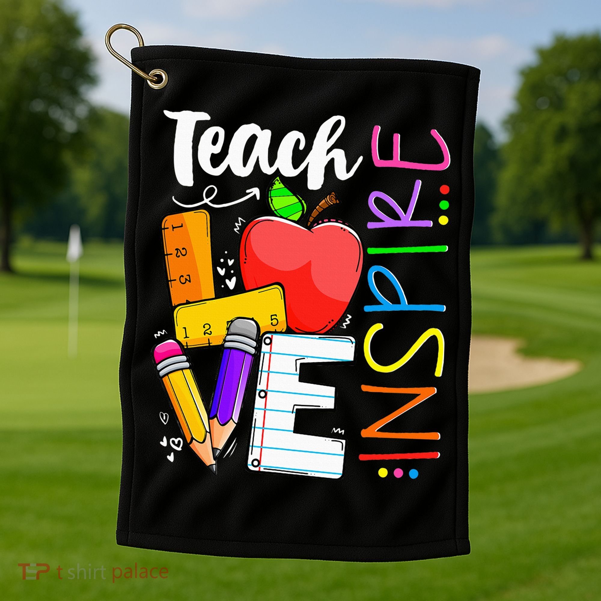 Cute Teach Love And Inspire Teacher Golf Towel