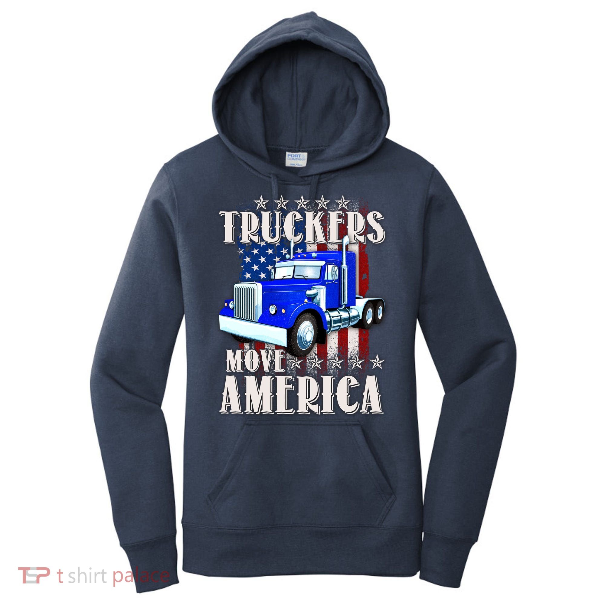 Cool Truckers Move America Semi Truck Distressed Flag Women's Hoodie