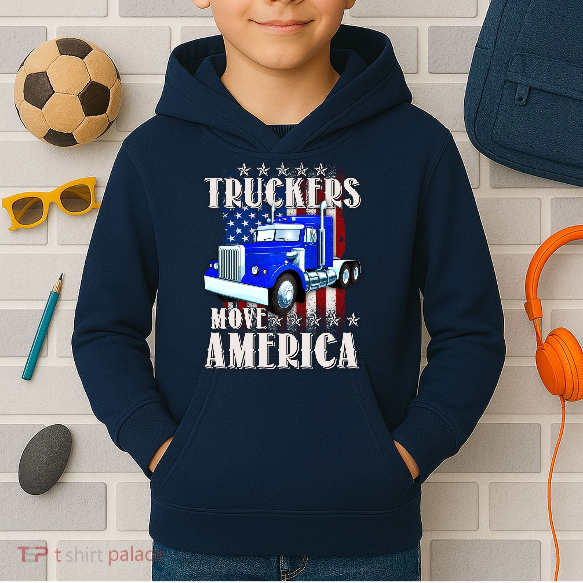 Cool Truckers Move America Semi Truck Distressed Flag Kids Hoodie