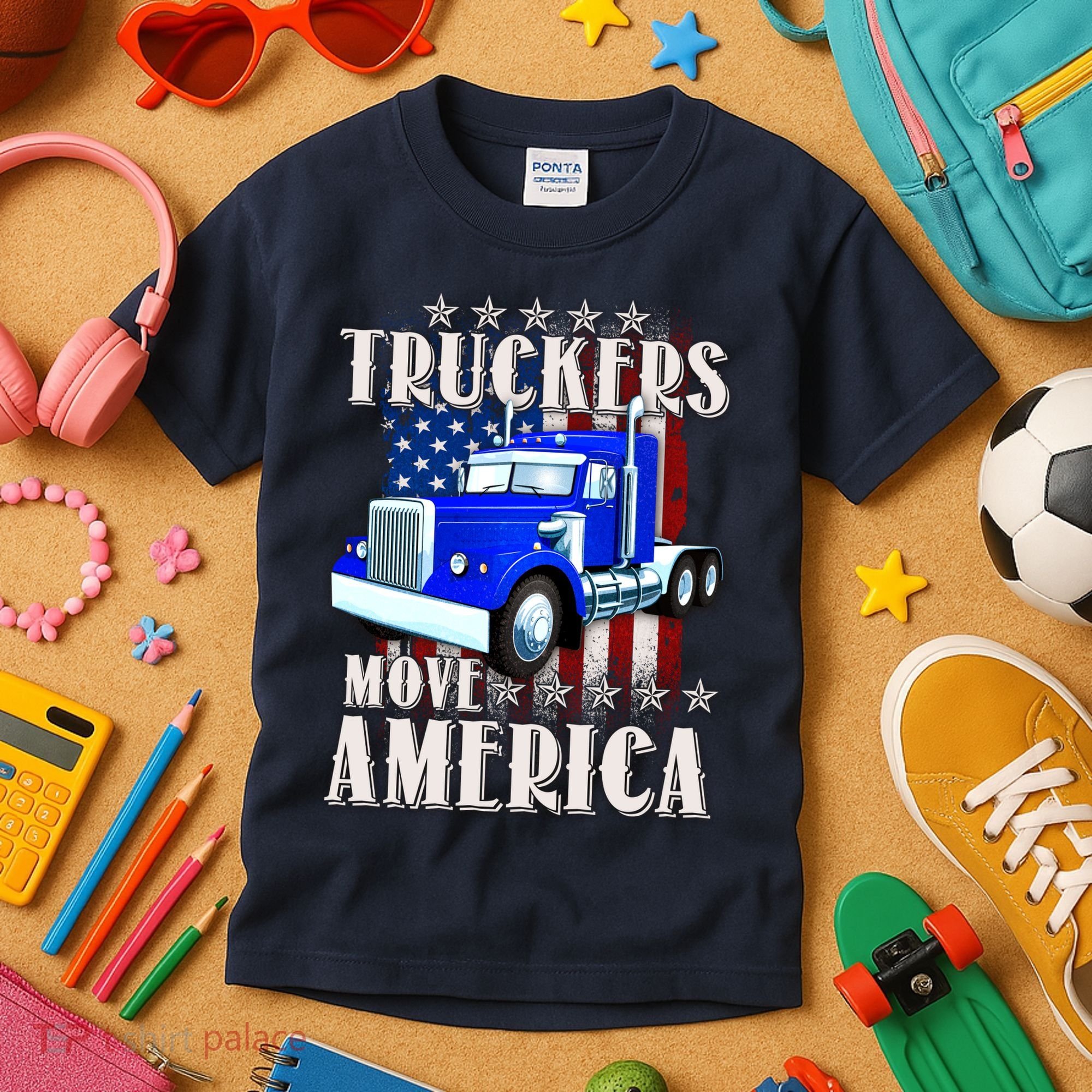 Cool Truckers Move America Semi Truck Distressed Flag Kids T-Shirt