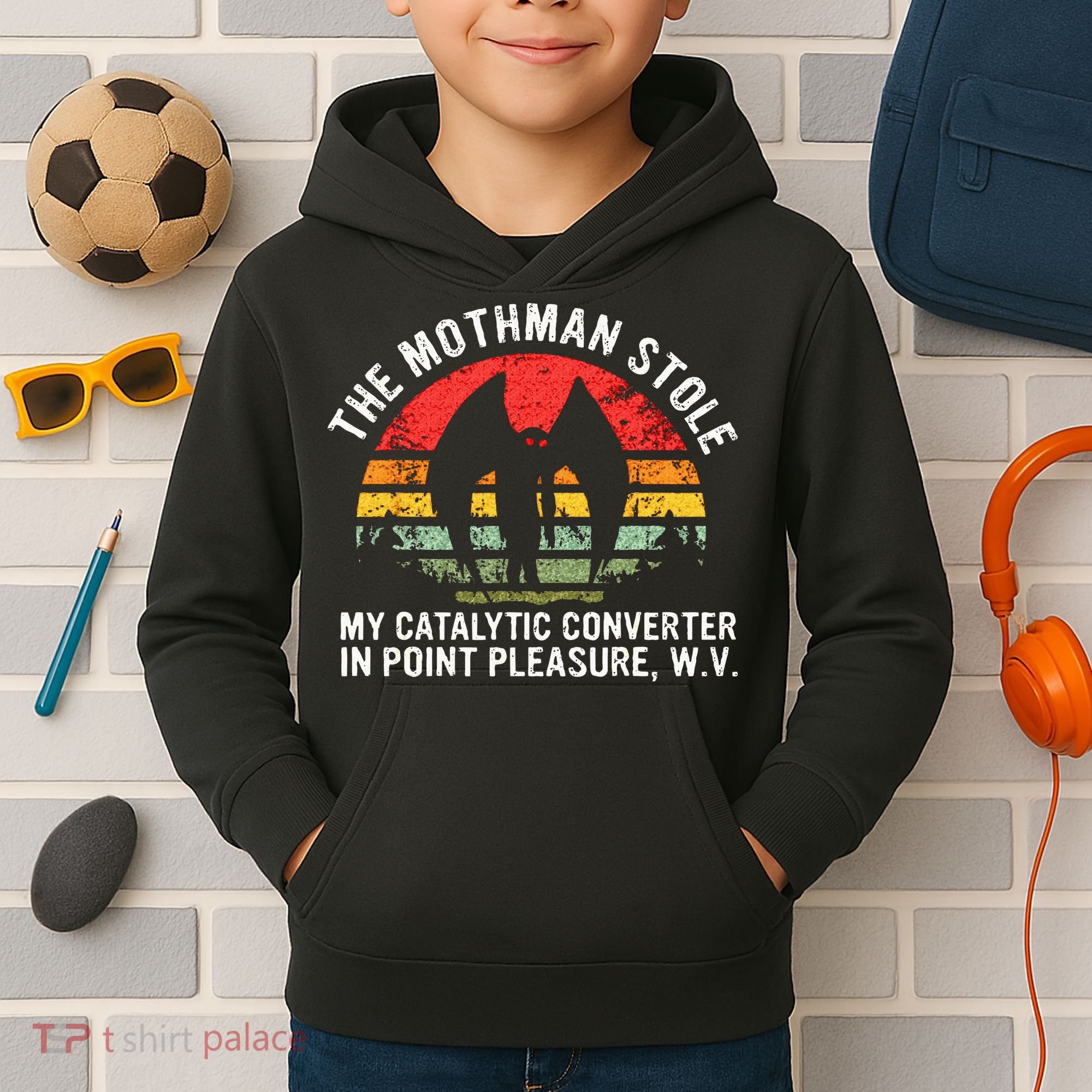 Cryptid The Mothman Stole My Catalytic Converter In Point Kids Hoodie