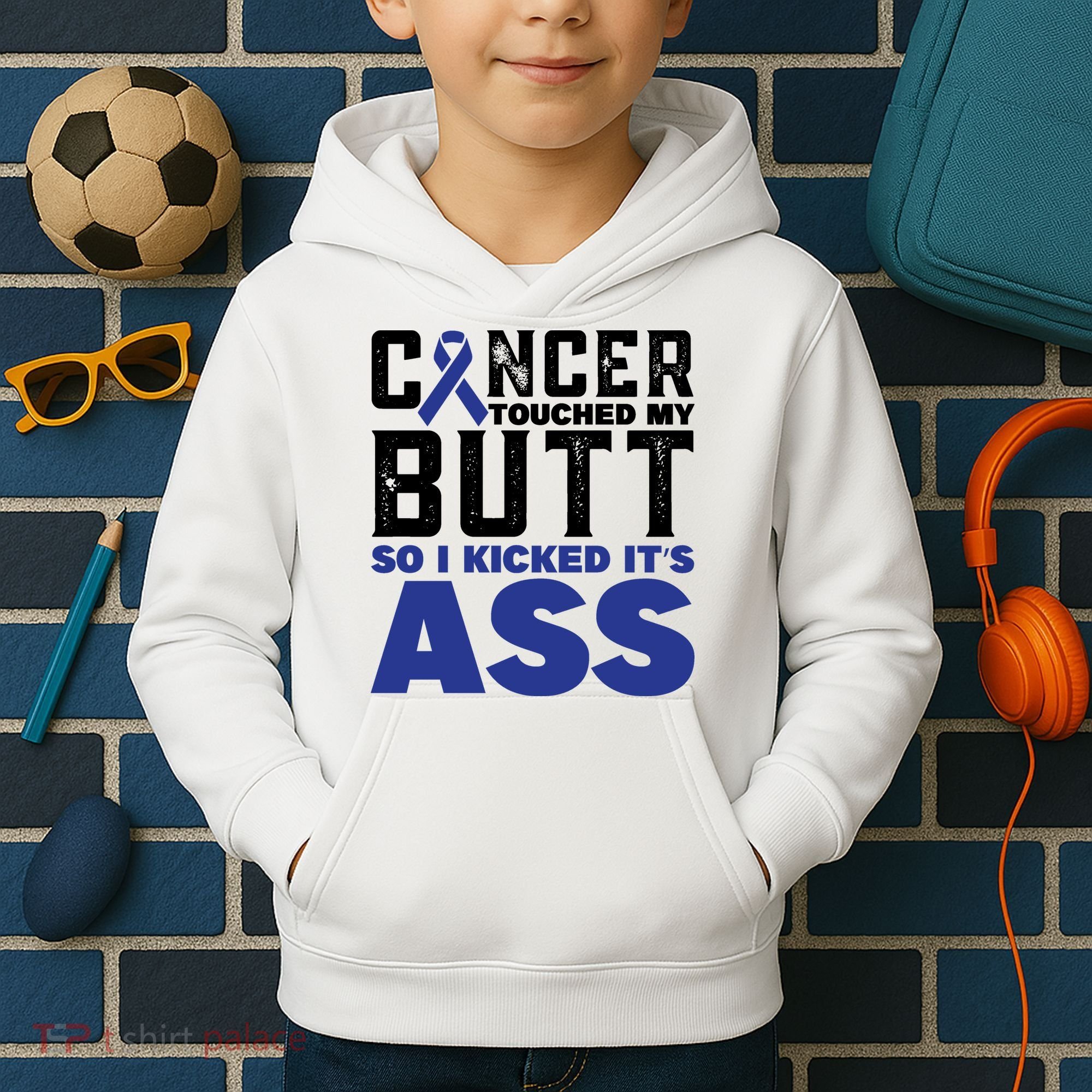 Cancer Touched My Butt So I Kicked Its Ass Funny Colon Cancer Awareness Kids Hoodie
