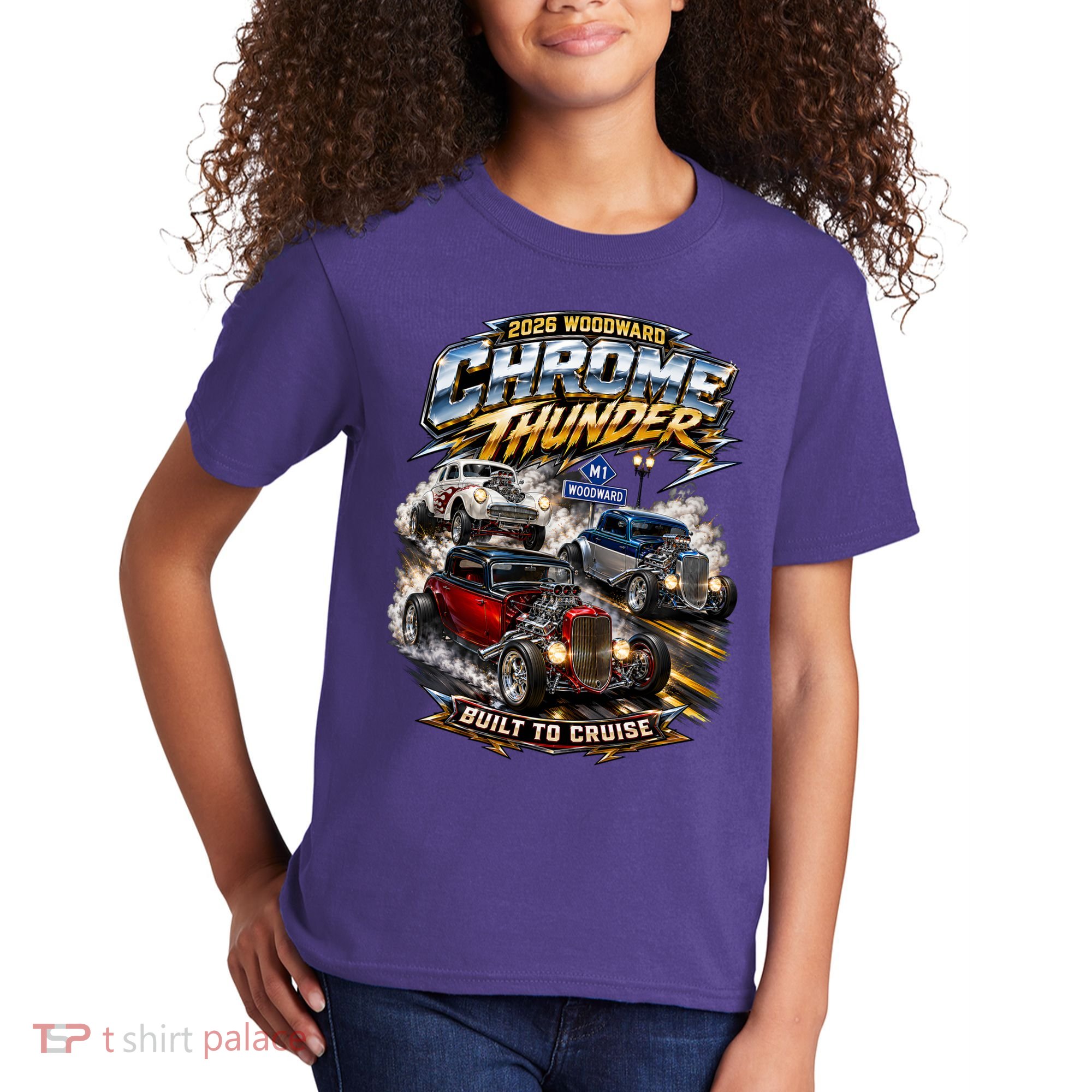 Chrome Thunder On Woodward Built To Cruise 2026 Kids T-Shirt