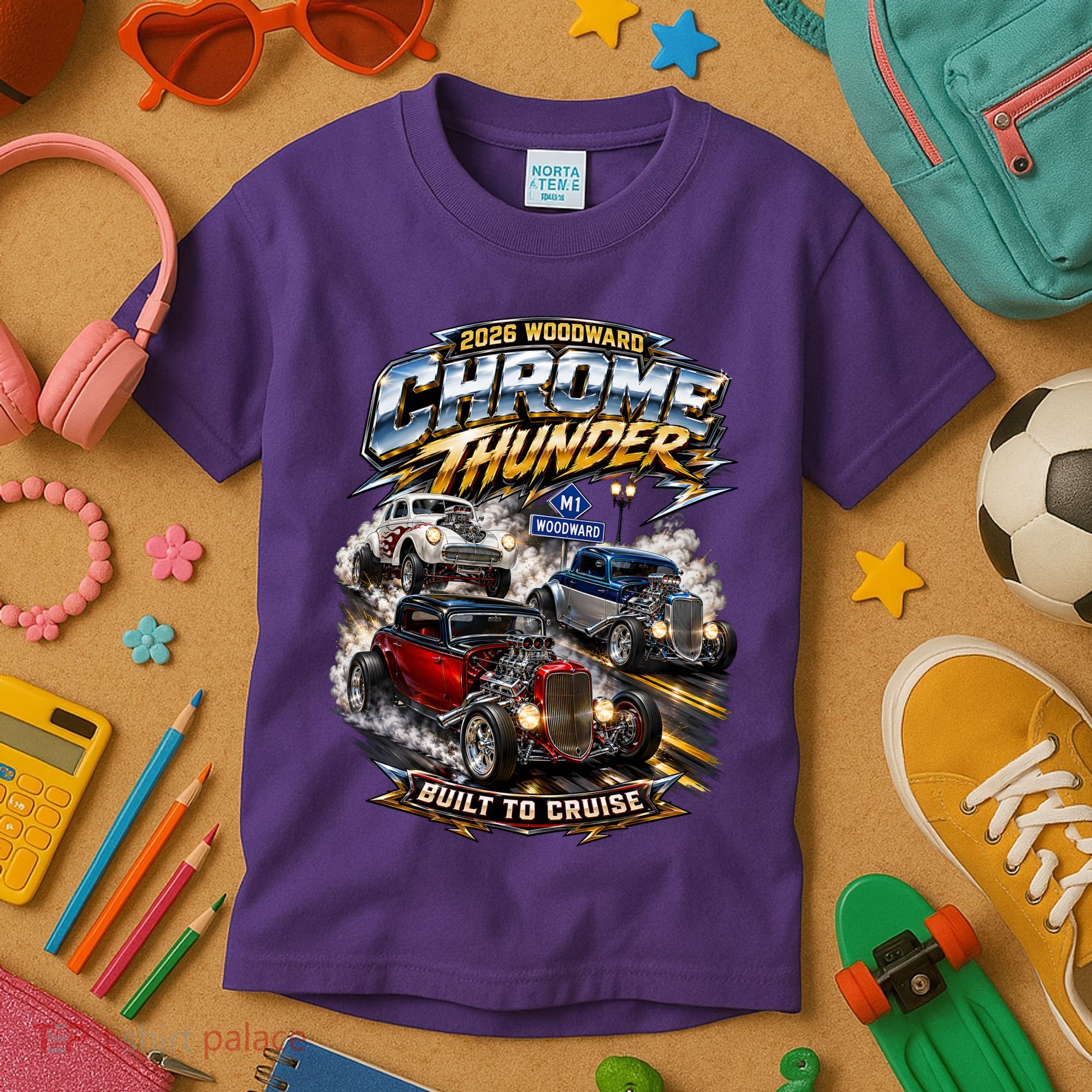 Chrome Thunder On Woodward Built To Cruise 2026 Kids T-Shirt