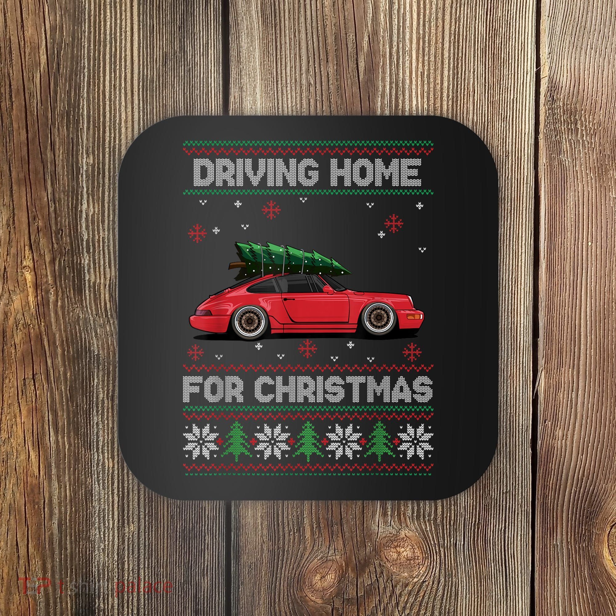 Christmas Tree Oldtimer Car Xmas Ugly Sweater Pullover Look Coaster
