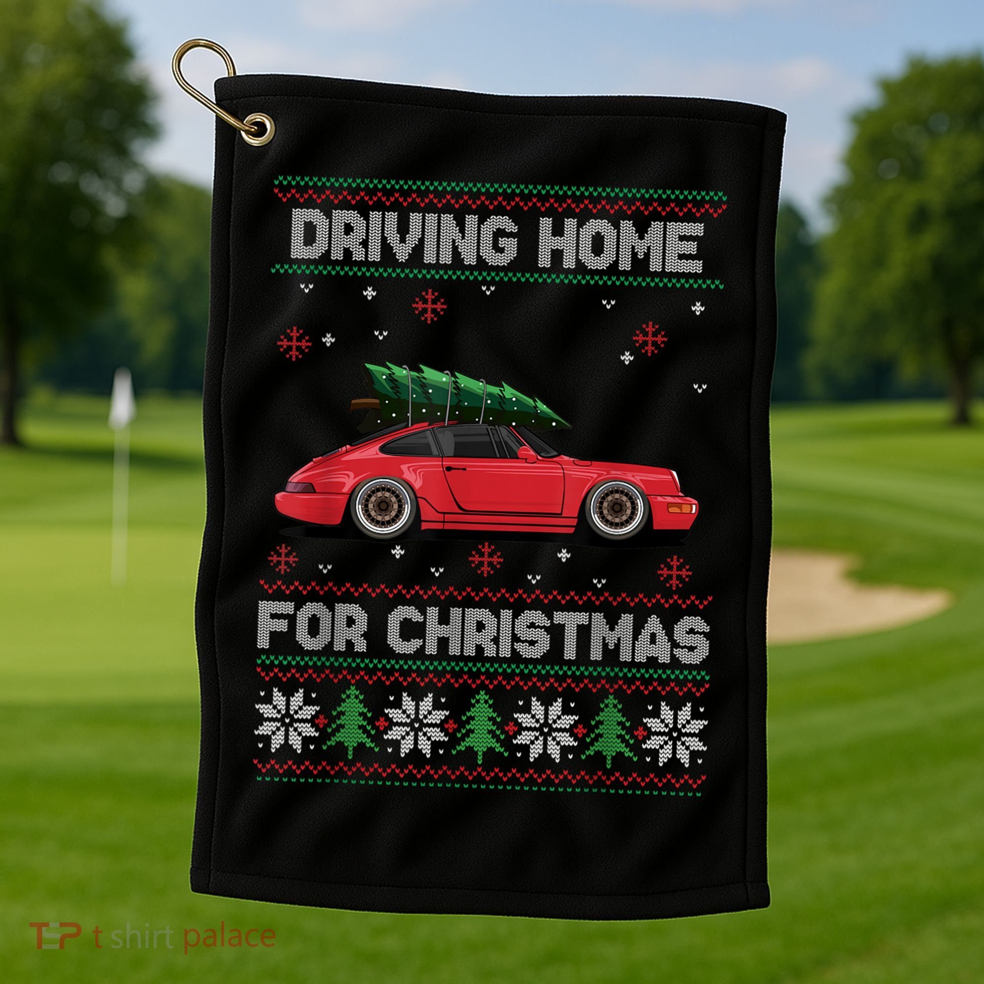 Christmas Tree Oldtimer Car Xmas Ugly Sweater Pullover Look Golf Towel