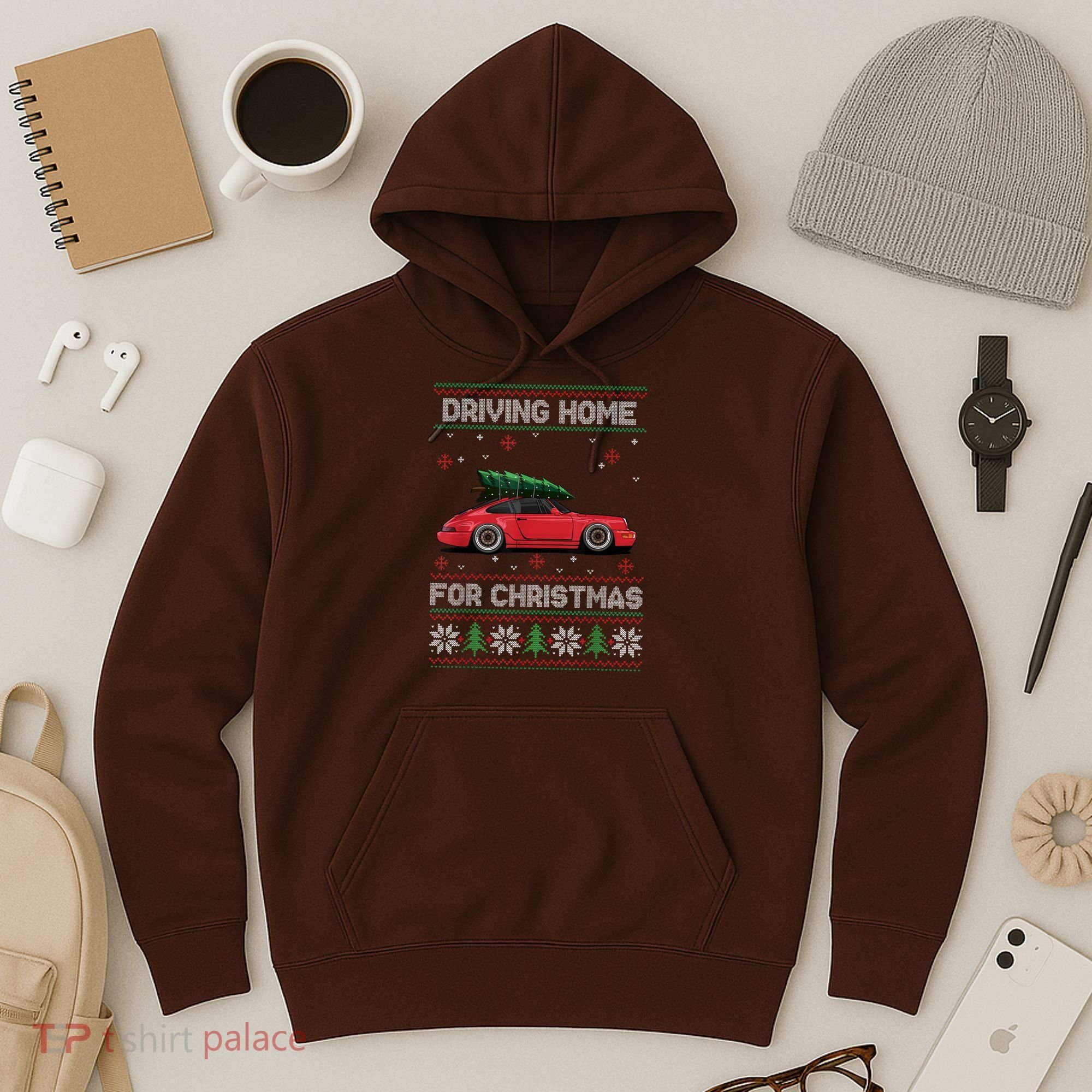 Christmas Tree Oldtimer Car Xmas Ugly Sweater Pullover Look Hoodie