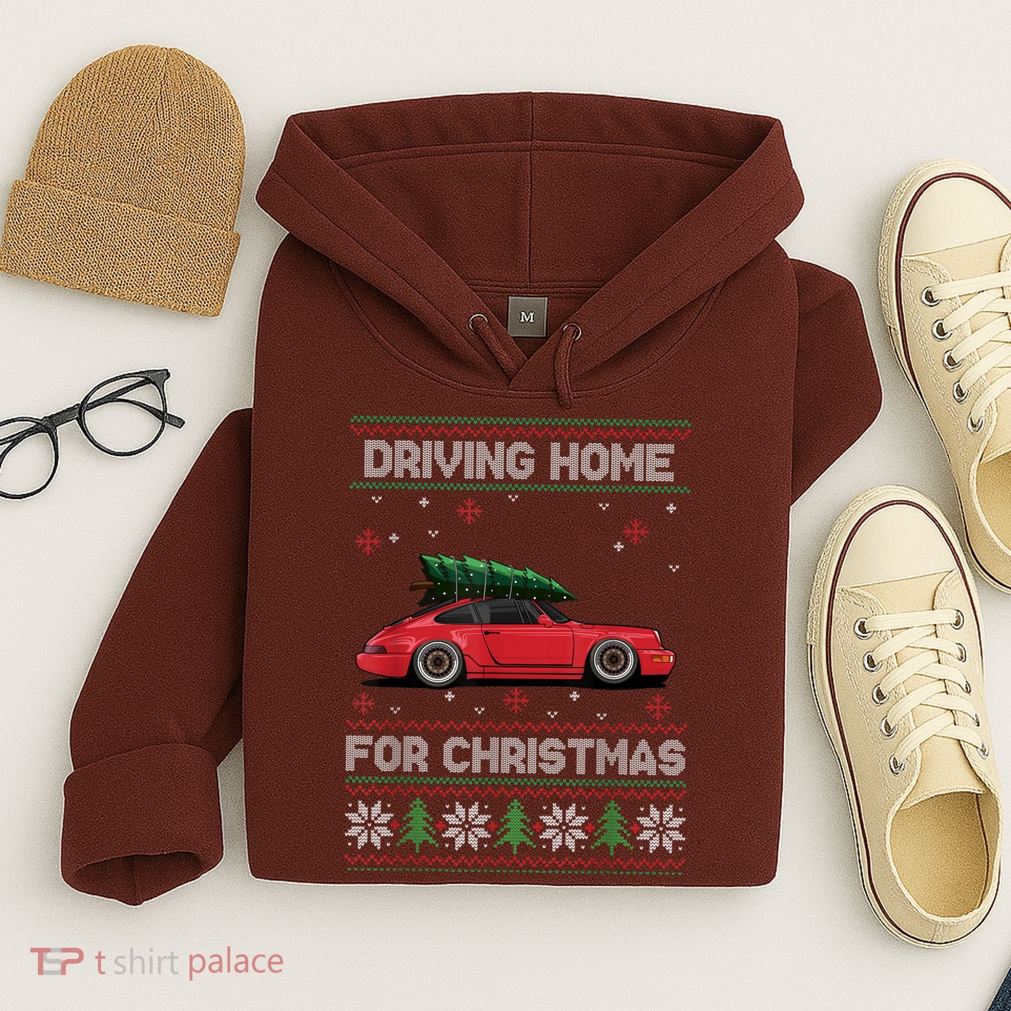 Christmas Tree Oldtimer Car Xmas Ugly Sweater Pullover Look Hoodie
