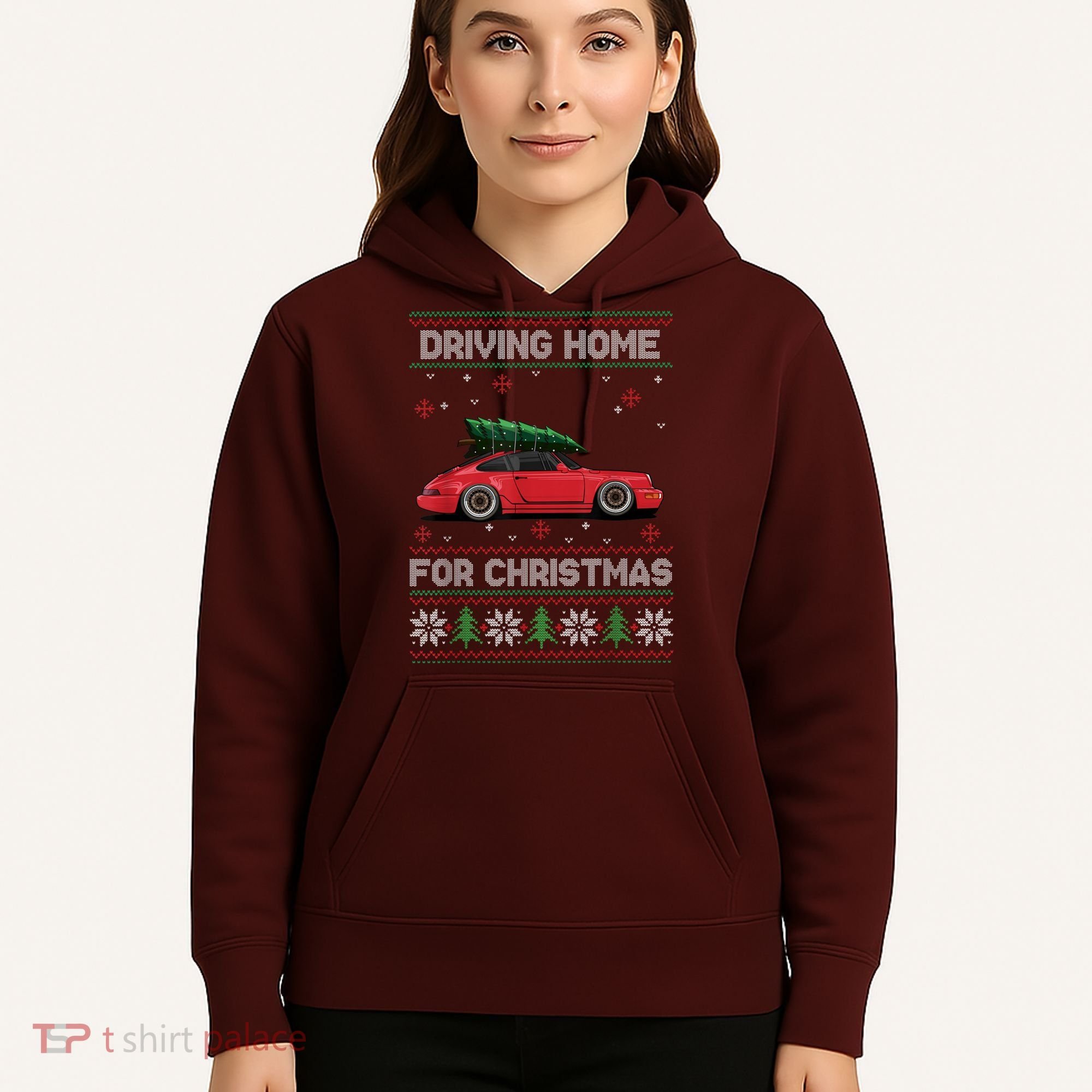 Christmas Tree Oldtimer Car Xmas Ugly Sweater Pullover Look Hoodie