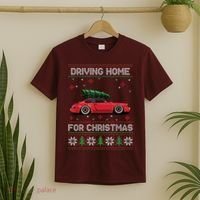 Christmas Tree Oldtimer Car Xmas Ugly Sweater Pullover Look T-Shirt thumb 2