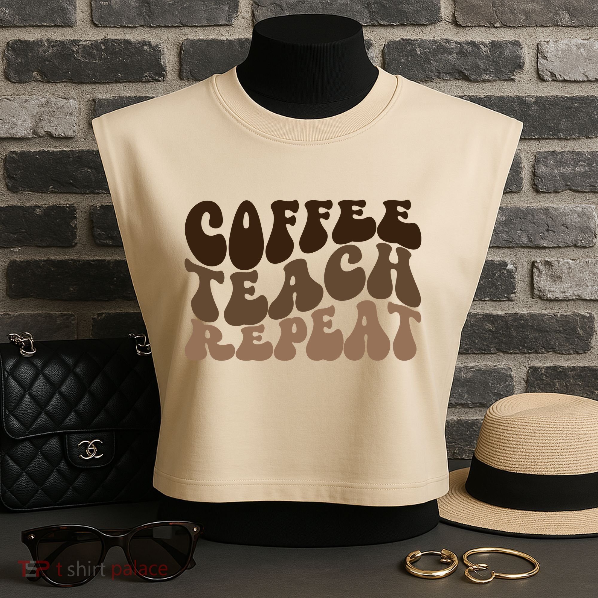 Coffee Teach Repeat Retro Teacher Gift Garment-Dyed Women's Muscle Tee