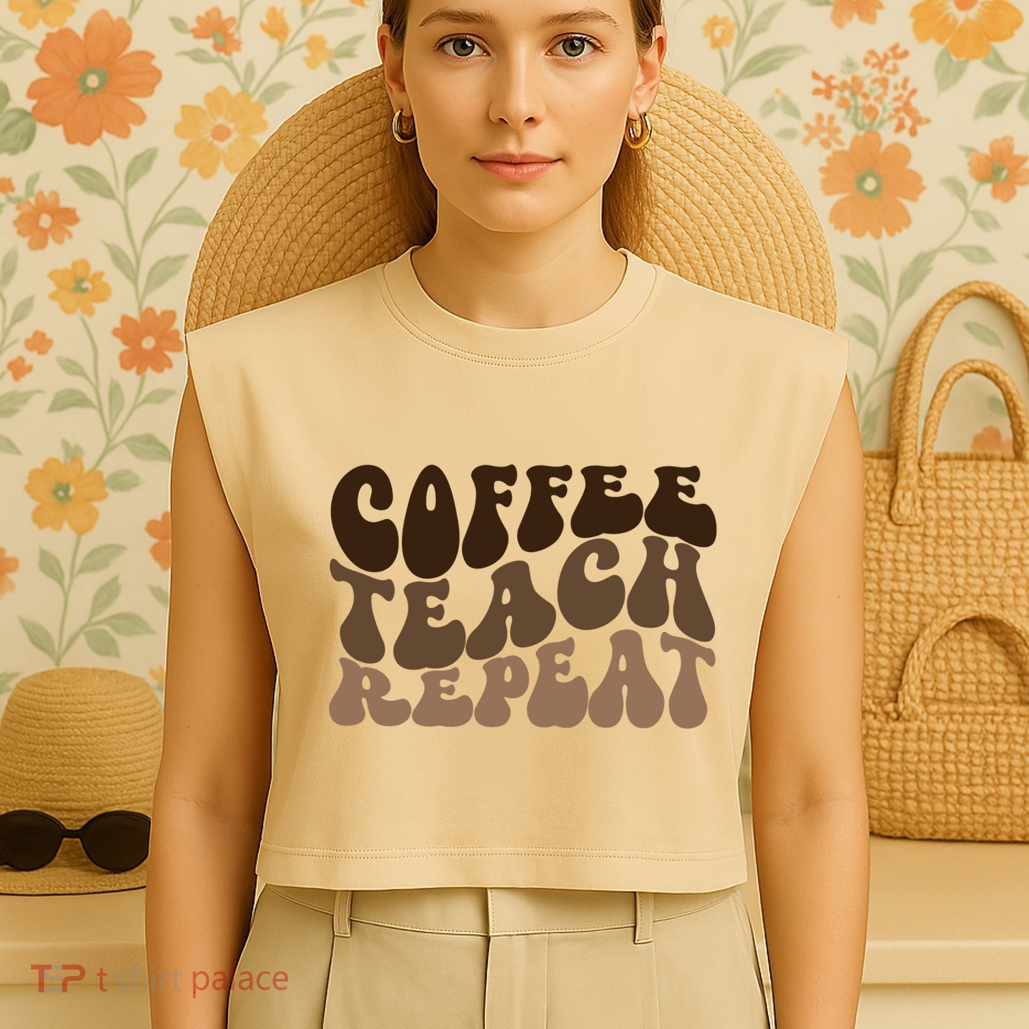 Coffee Teach Repeat Retro Teacher Gift Garment-Dyed Women's Muscle Tee