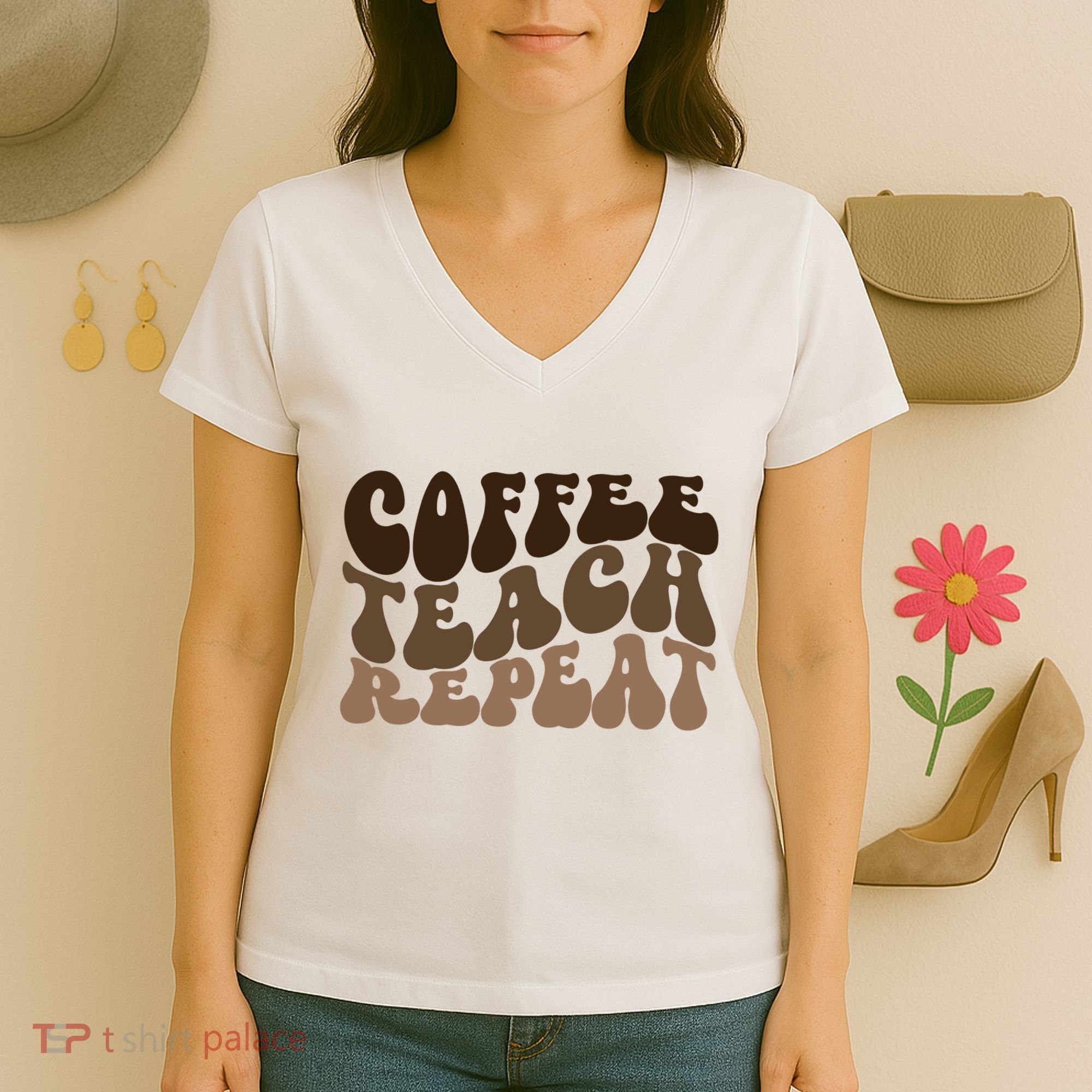 Coffee Teach Repeat Retro Teacher Gift Women's V-Neck T-Shirt