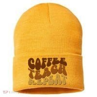 Coffee Teach Repeat Retro Gift For Teacher Sustainable Knit Beanie thumb 0