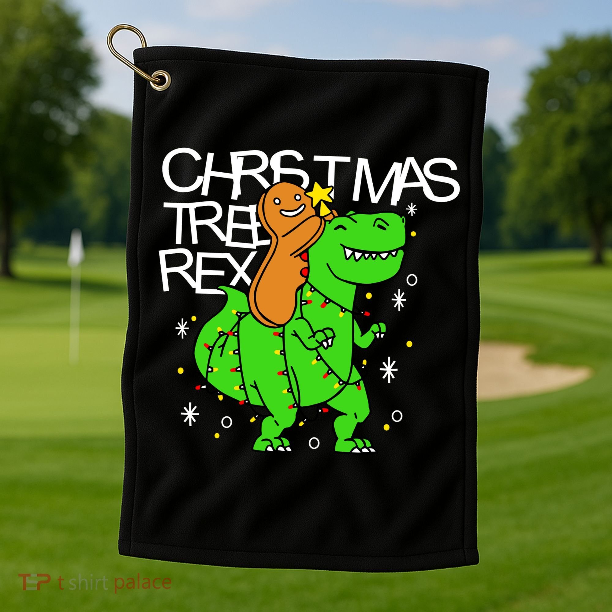 Christmas Tree Rex TRex Gingerbread Man Funny Golf Towel