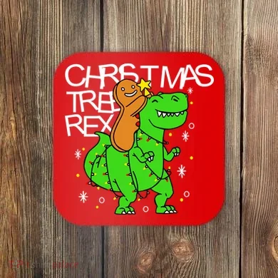 Christmas Tree Rex TRex Gingerbread Man Funny Coaster