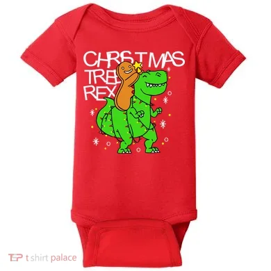 Christmas Tree Rex TRex Gingerbread Man Funny Baby Bodysuit