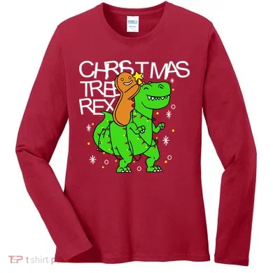 Christmas Tree Rex TRex Gingerbread Man Funny Women's Long Sleeve Shirt