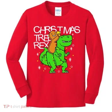 Christmas Tree Rex TRex Gingerbread Man Funny Kids Long Sleeve Shirt